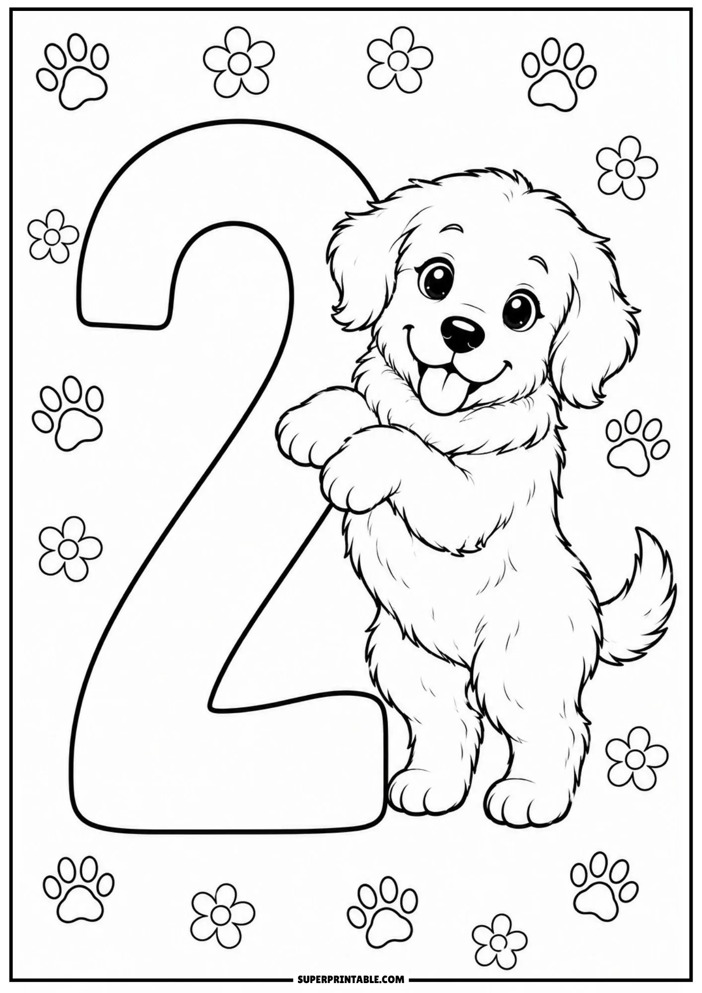 Golden retriever puppy standing on hind legs leaning on a big numeral two.