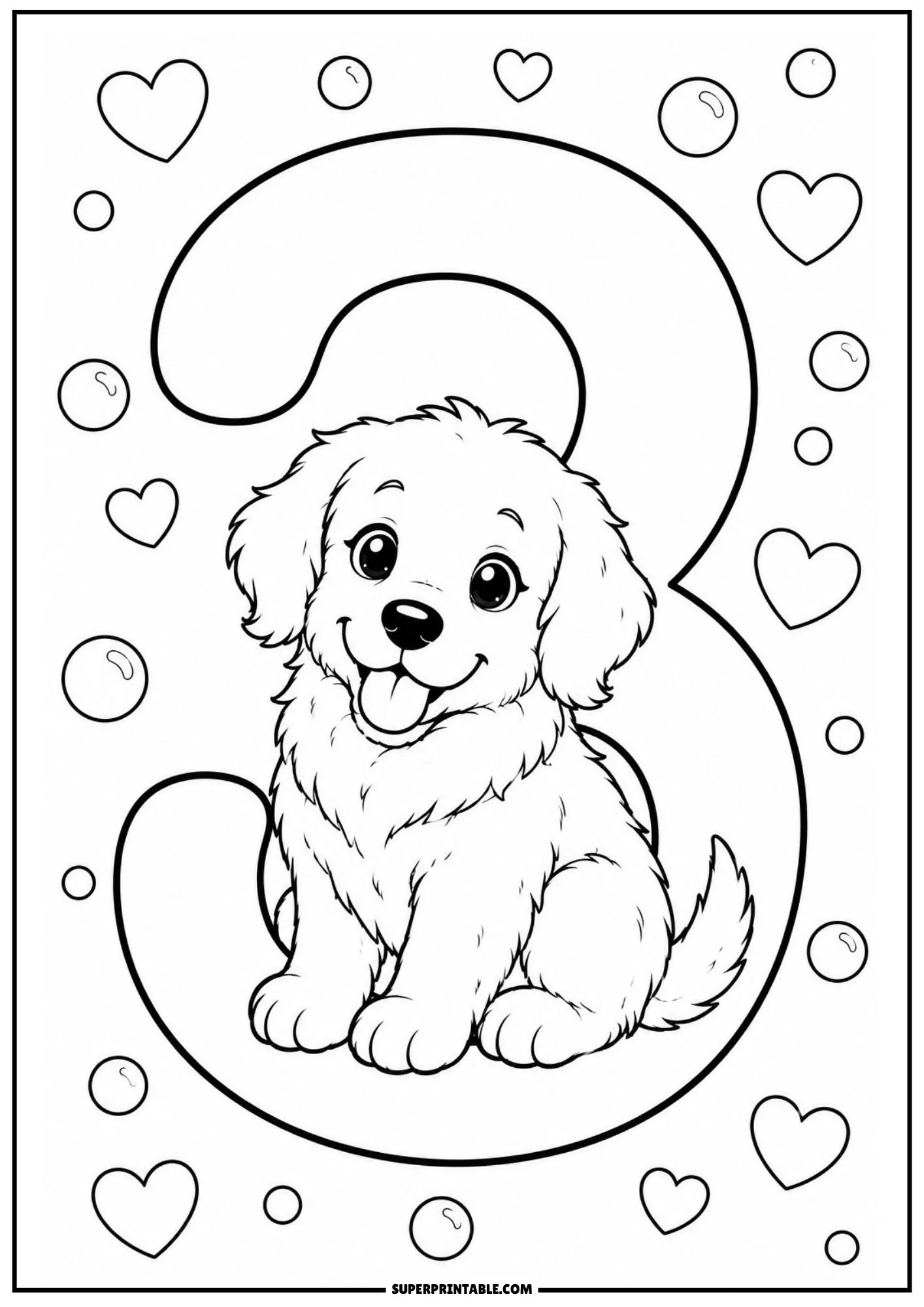 Happy golden retriever puppy sitting in the curve of a giant number three with hearts.