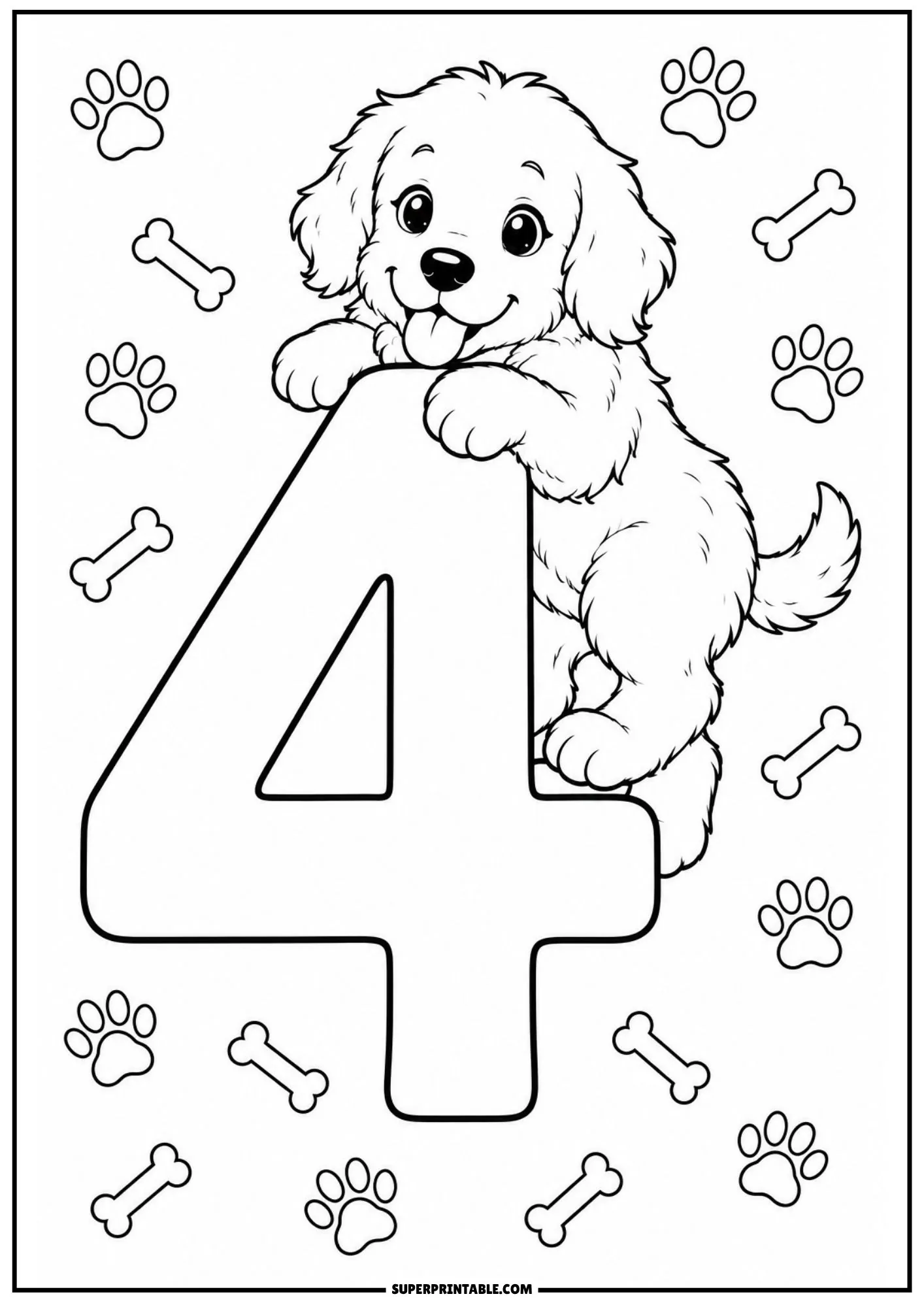 Playful golden retriever puppy holding onto the top corner of number four.