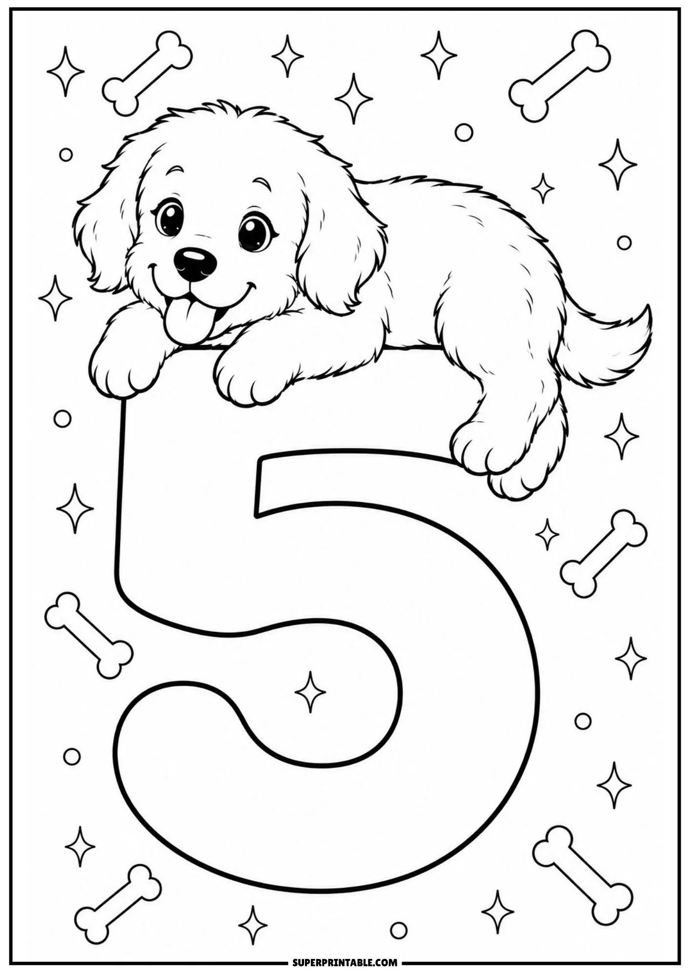 Golden retriever puppy lounging across the top bar of a large number five printable.
