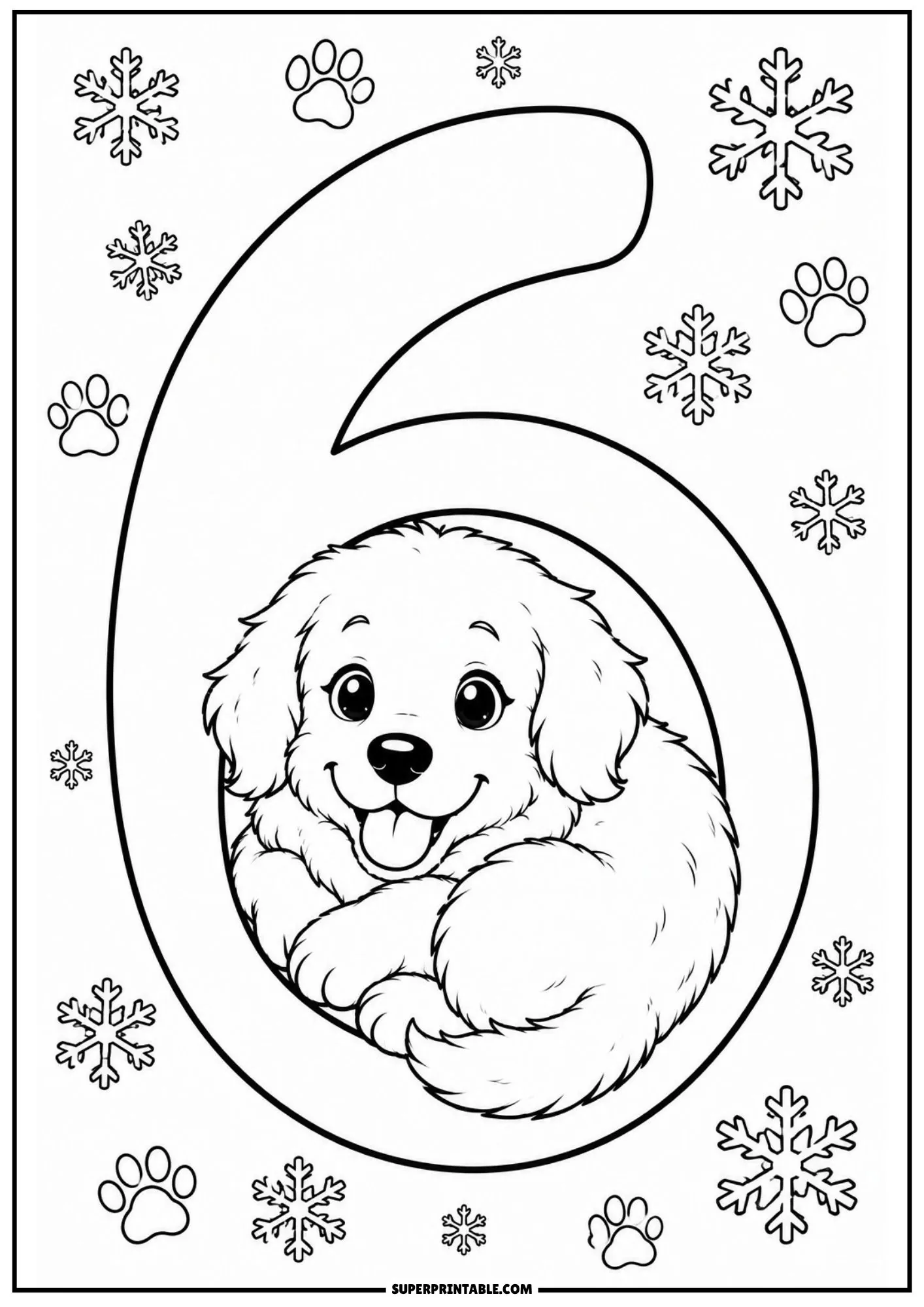 Fluffy golden retriever puppy resting inside the bottom loop of number six.