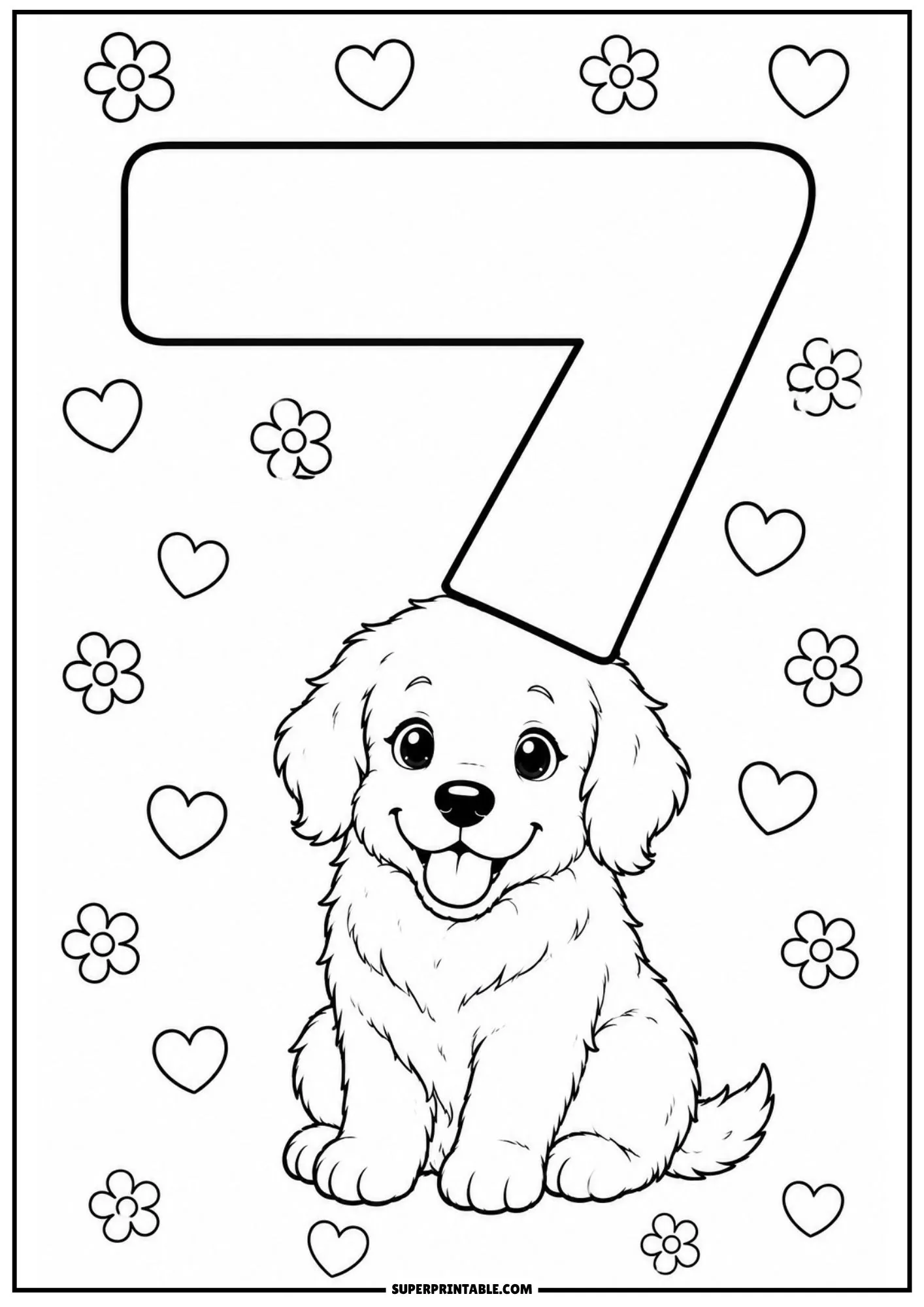 Printable golden retriever numbers coloring pages with puppy sitting under number seven.