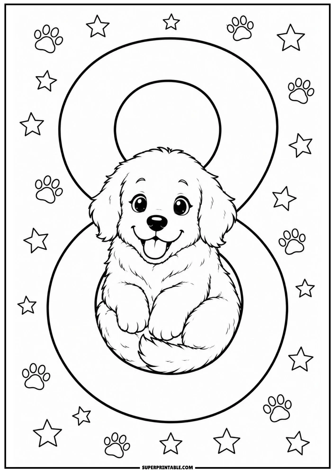 Cute puppy resting right in the middle loop of a large number eight illustration.