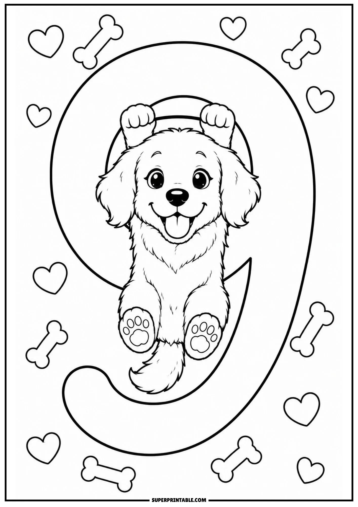 Playful golden retriever puppy holding onto the top circle of number nine.