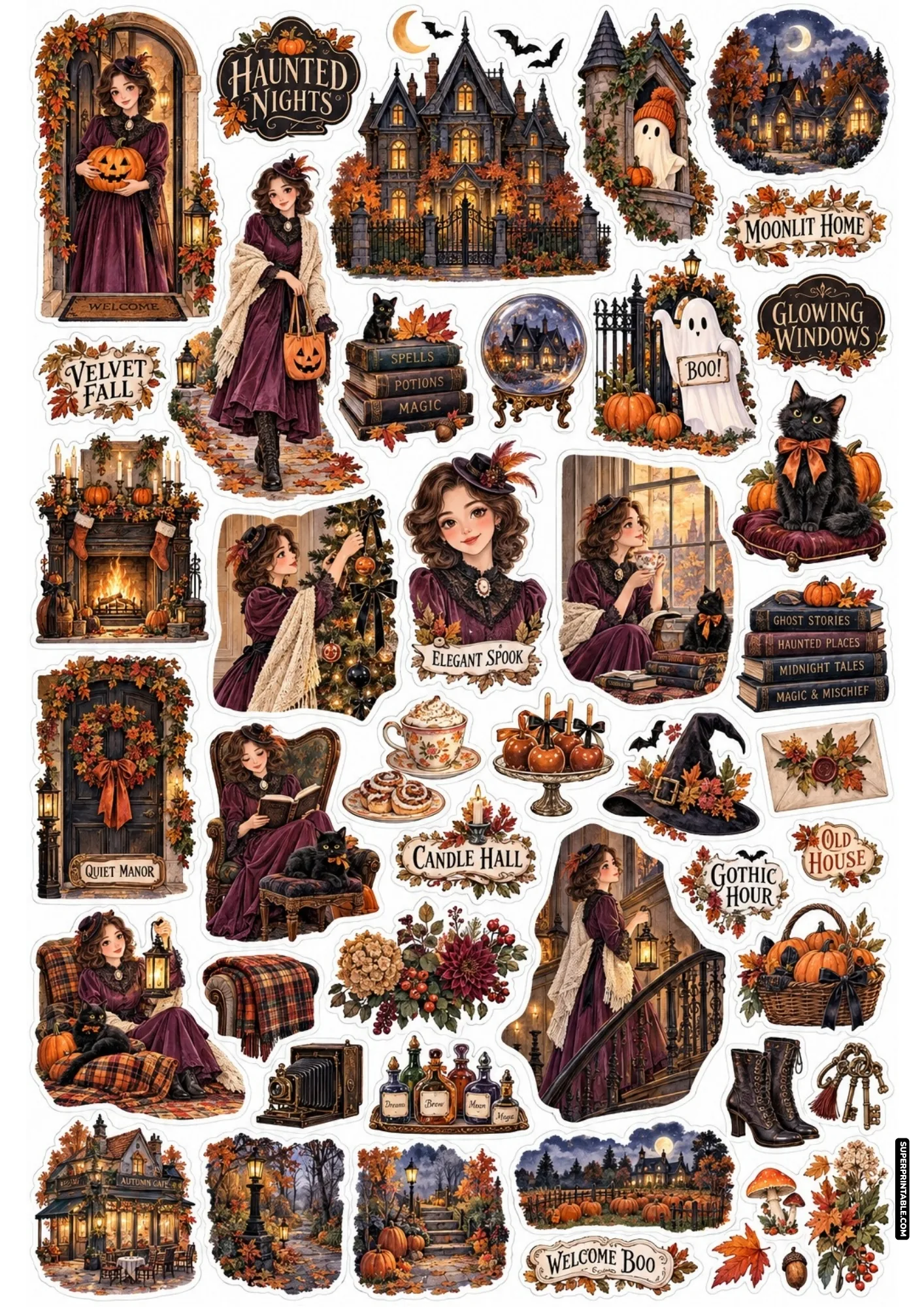 Victorian gothic sticker sheet displaying elegant velvet gowns, haunted mansions, and candlelit rooms.