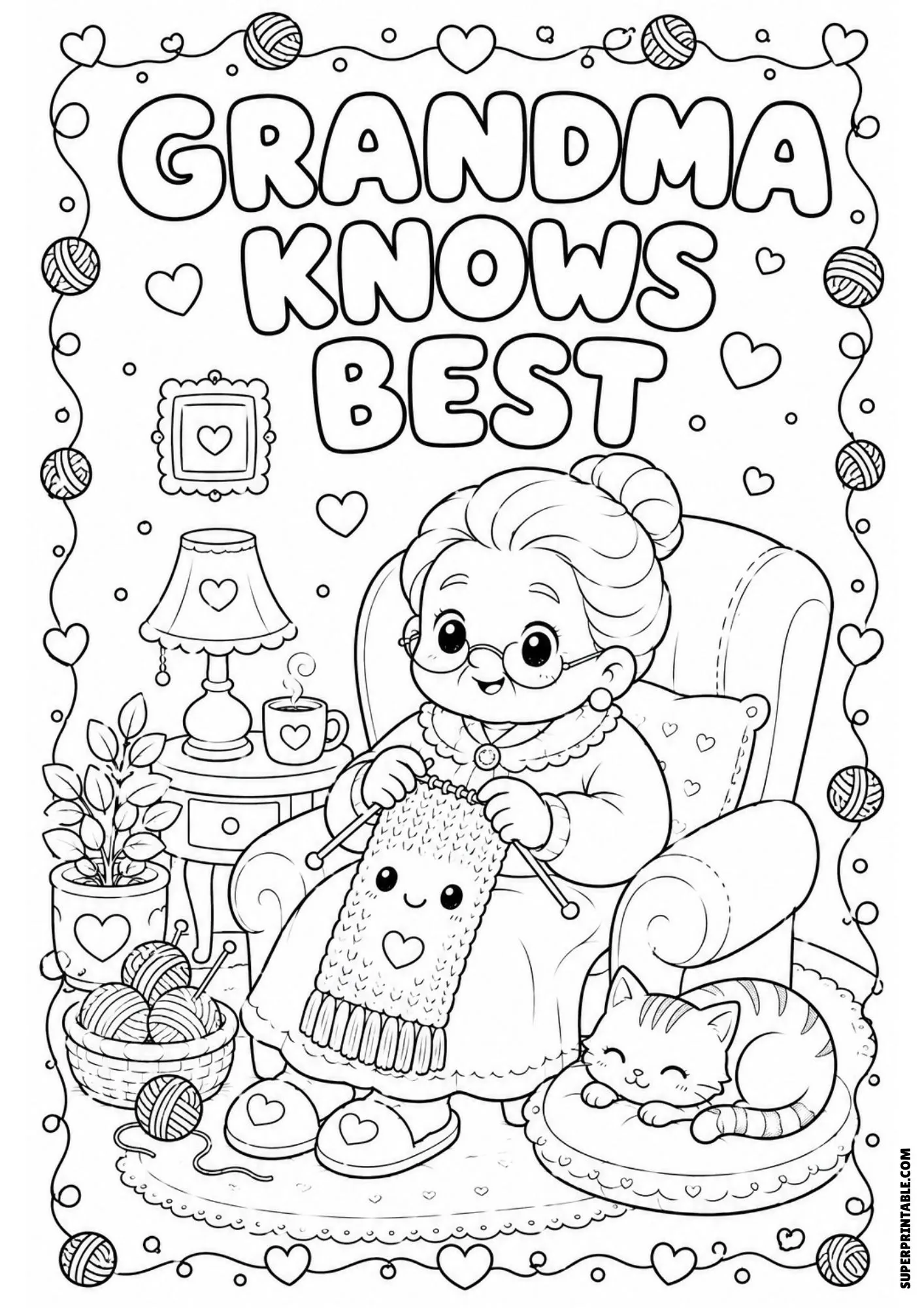 Black and white coloring sheet of a grandmother knitting a scarf in an armchair beside a sleeping cat.
