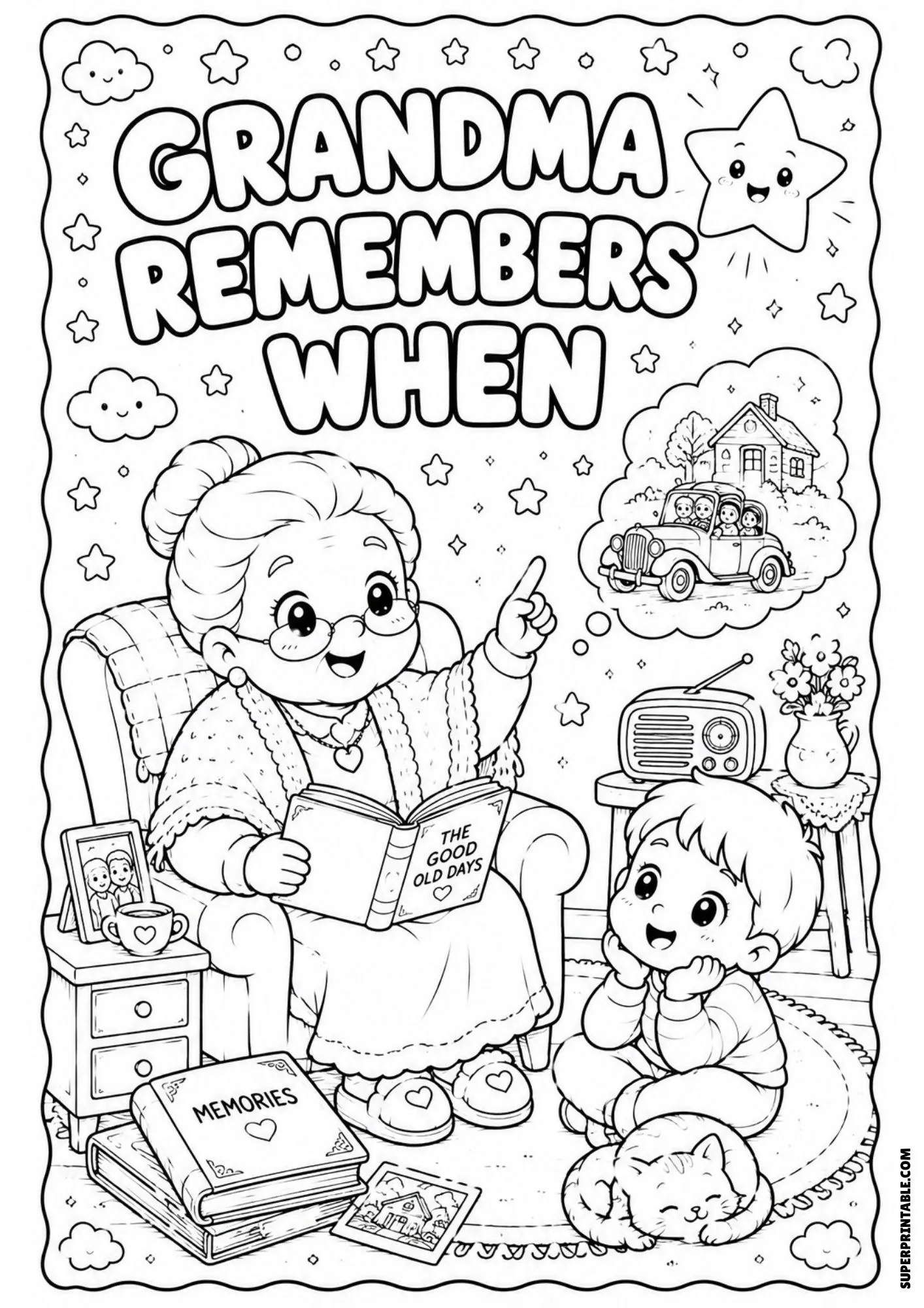 Illustration of a grandmother telling a boy stories of the past with a vintage car in a thought bubble.