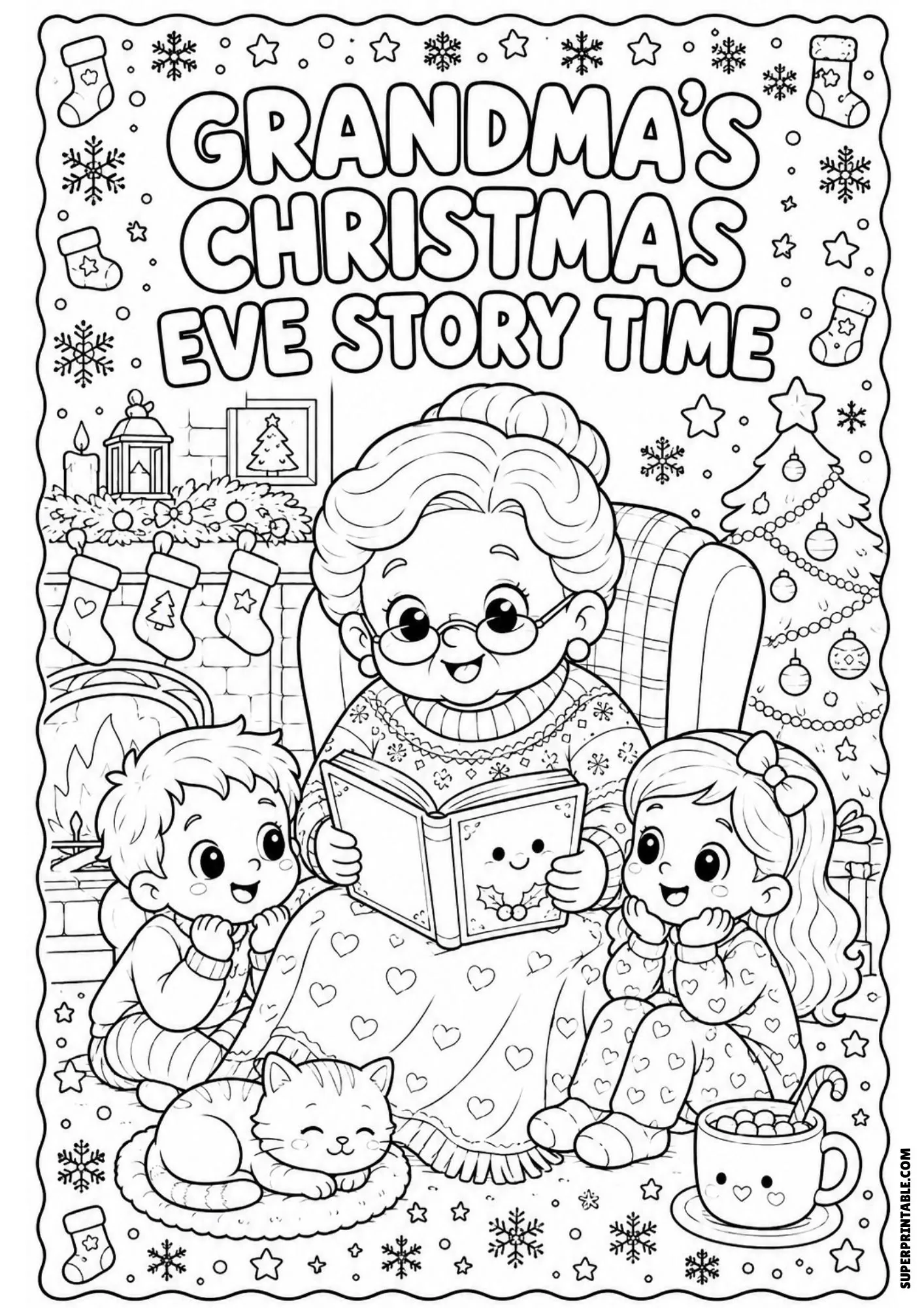 Line art of a grandmother reading a story to two children by a Christmas tree on Christmas Eve.