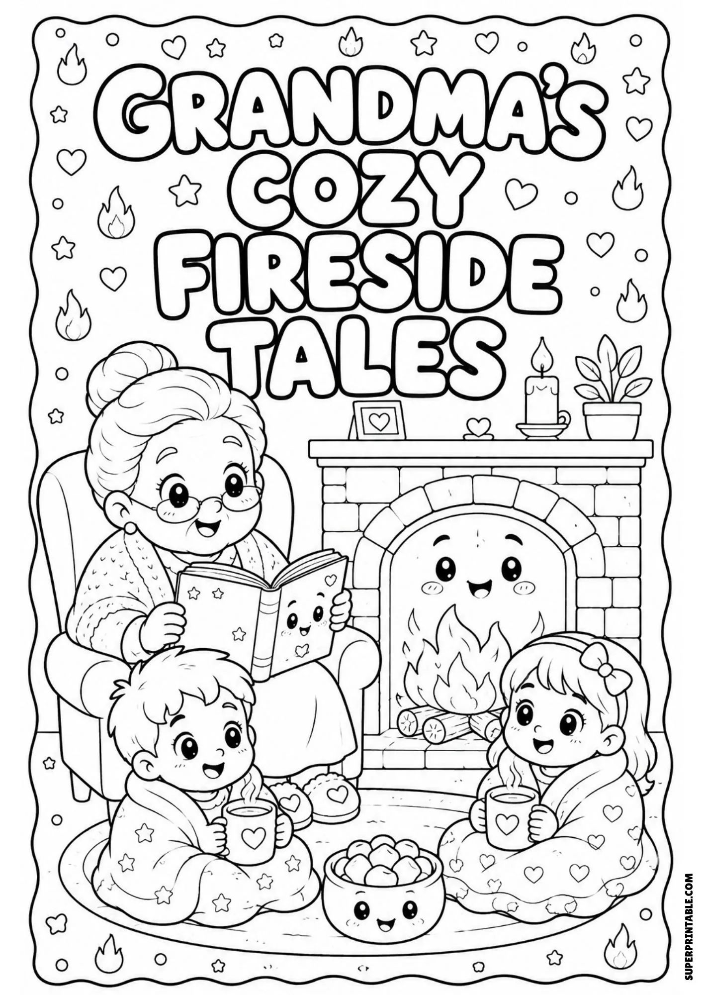 Coloring page showing a grandmother reading by a fireplace to two children wrapped in cozy blankets.