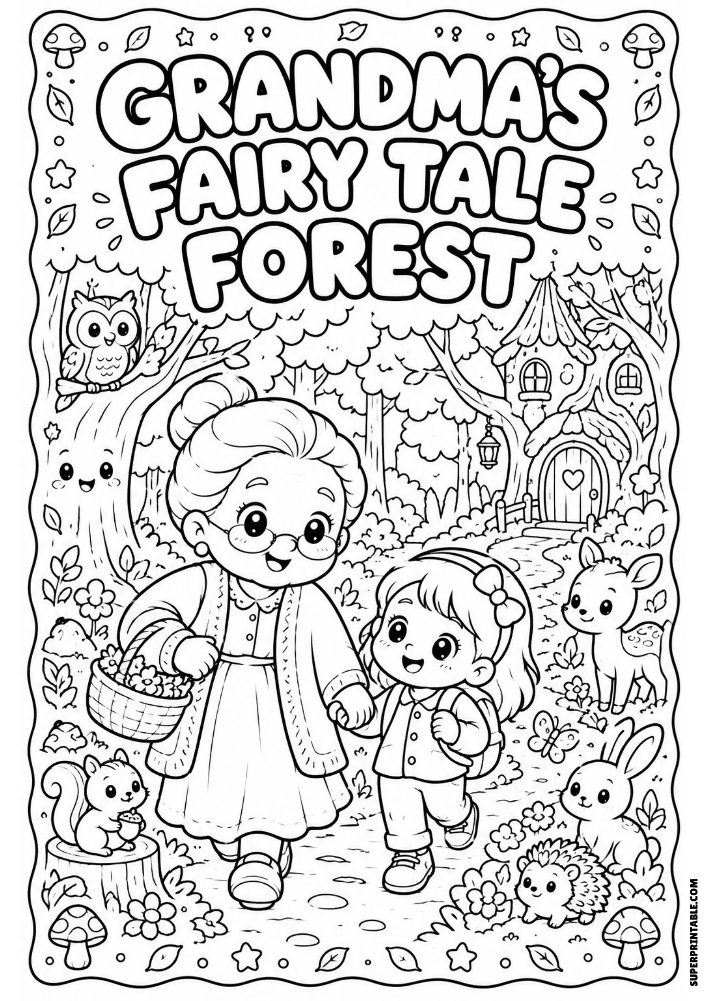 Black and white picture of a grandmother and girl walking through a forest filled with friendly woodland animals.