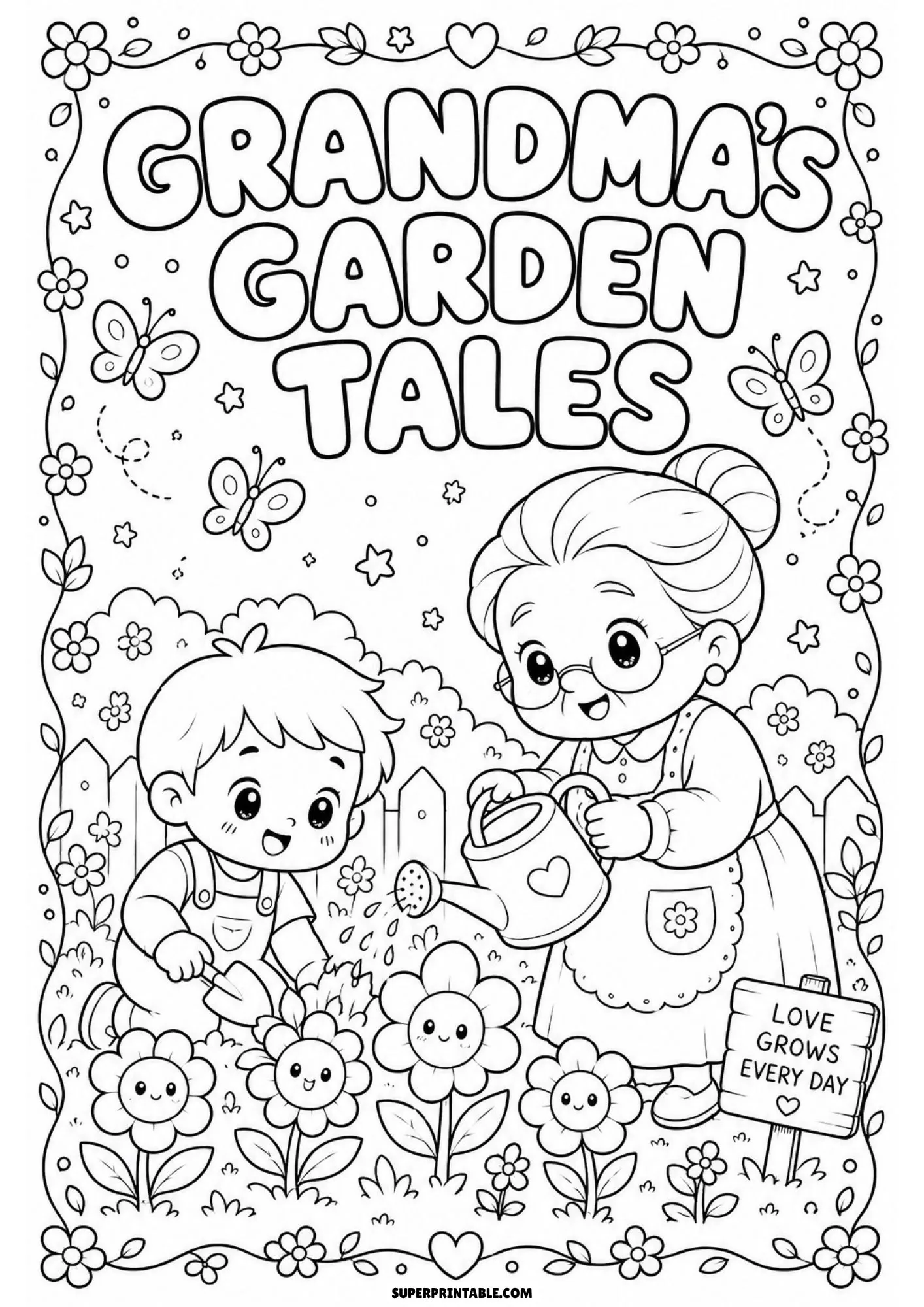 Grandma stories coloring pages sheet showing a grandmother and boy gardening together near smiling flowers.