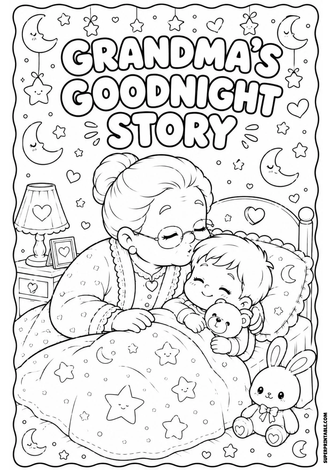 Black and white illustration of a grandmother kissing a sleeping boy goodnight in bed with stuffed animals.
