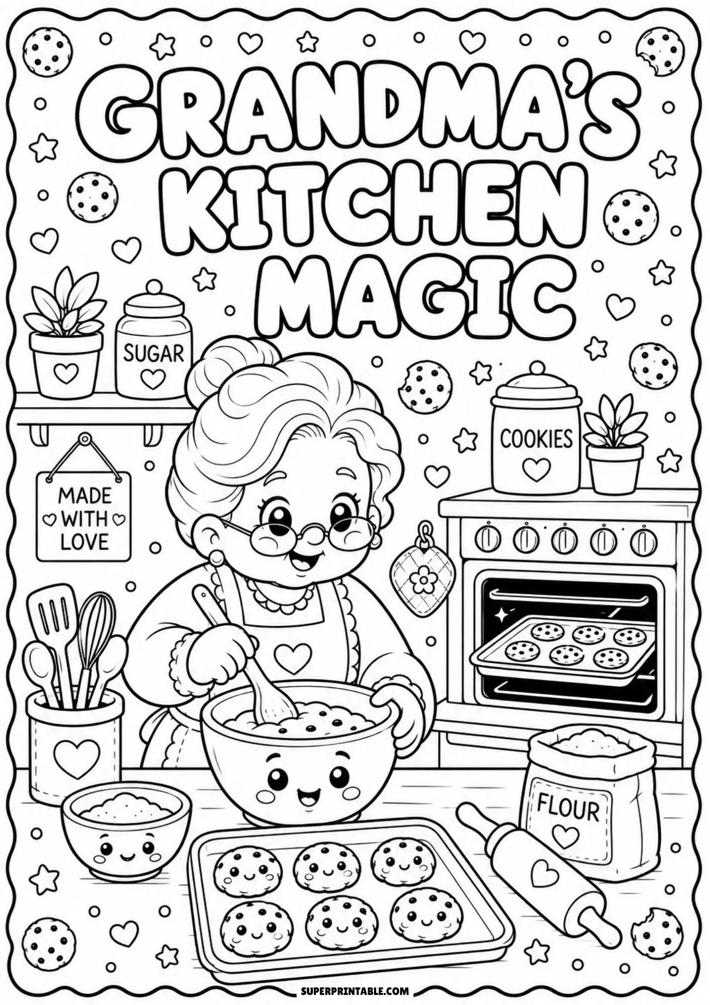 Black and white illustration of a grandmother mixing cookie dough in a cozy kitchen setting.