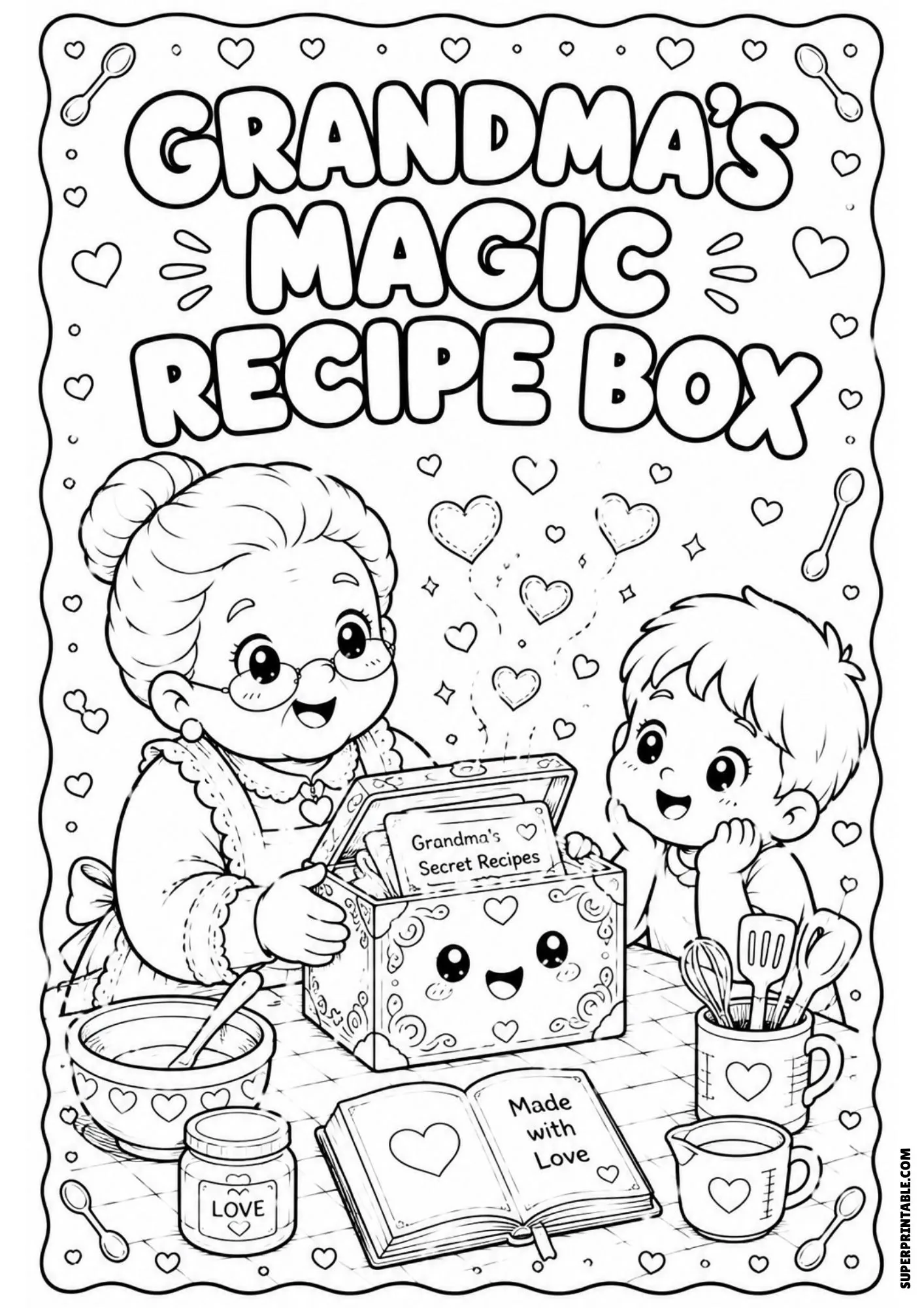 Coloring page of a grandmother opening a decorated recipe box beside a curious young boy.