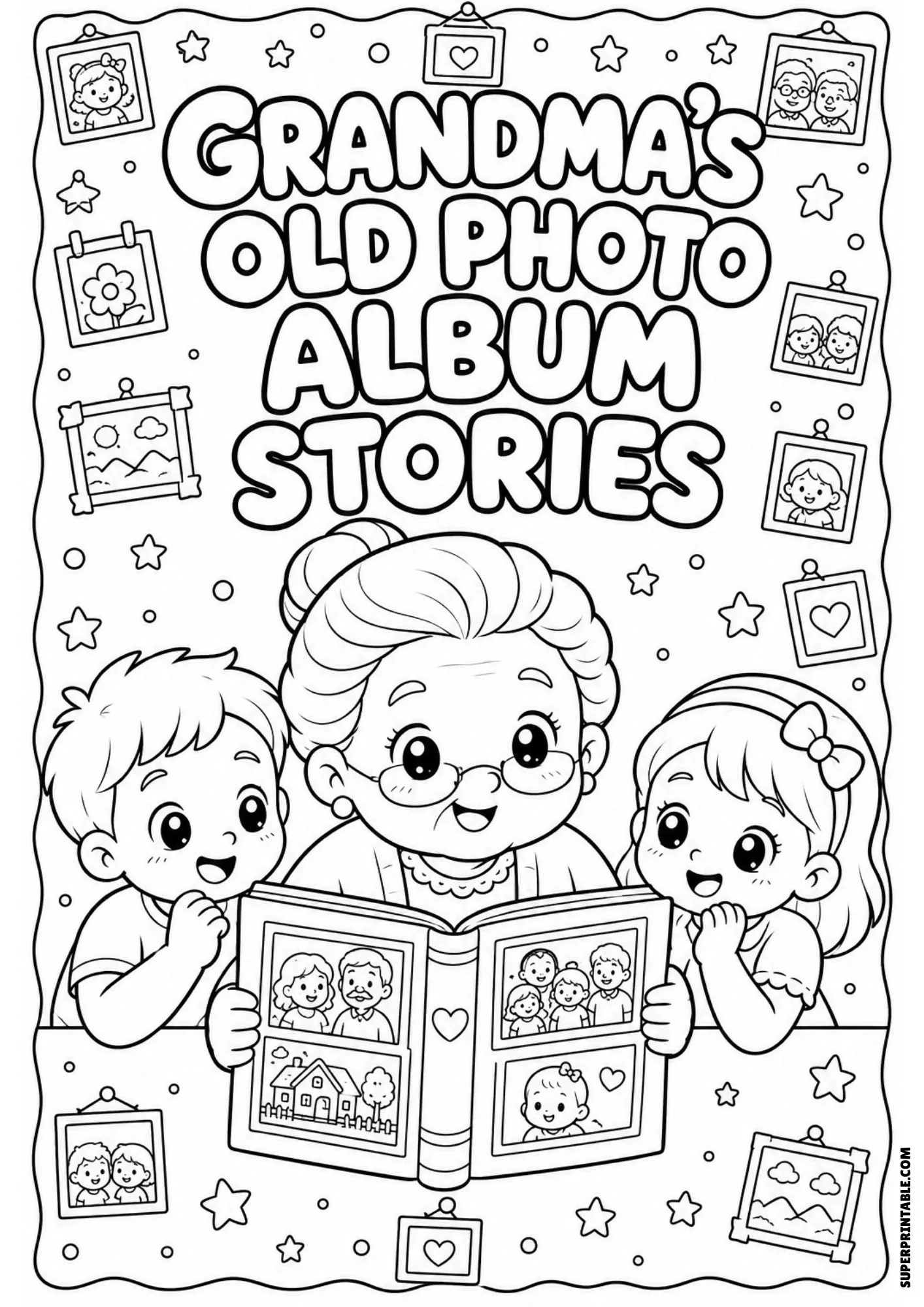 Illustration of a grandmother showing a photo album with family pictures to two young children.