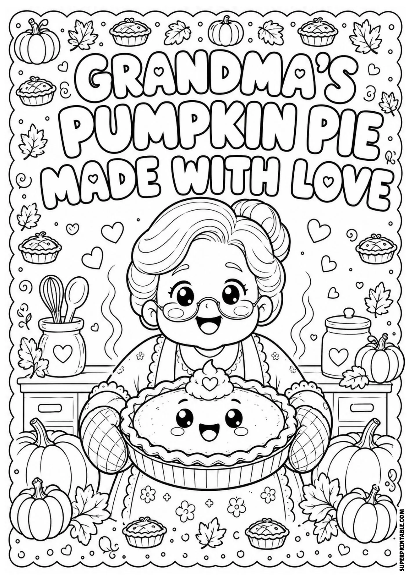 Line drawing of a smiling grandmother holding a freshly baked pumpkin pie with oven mitts.