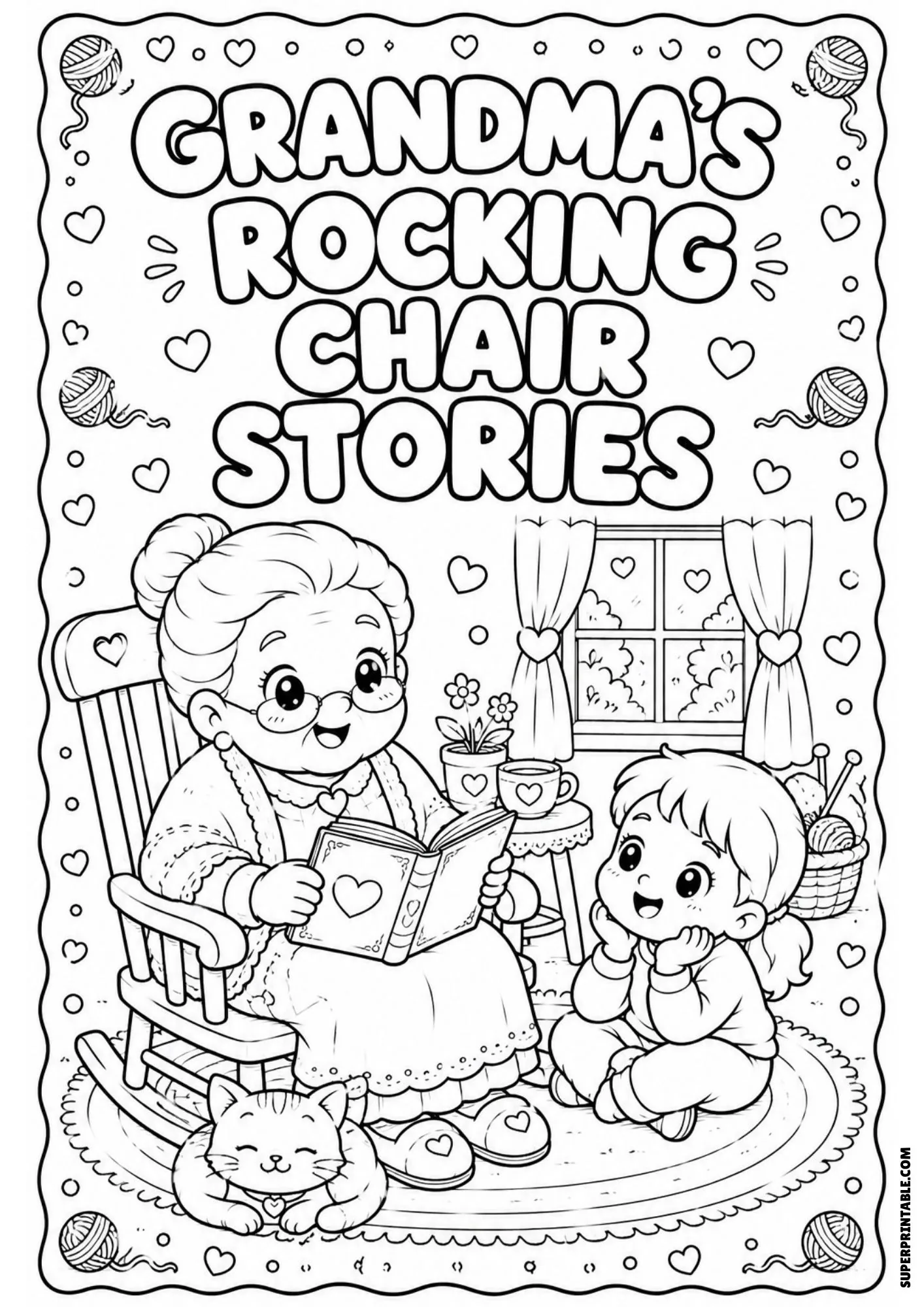 Coloring sheet of a grandmother in a rocking chair reading a book to a young girl seated on the floor.