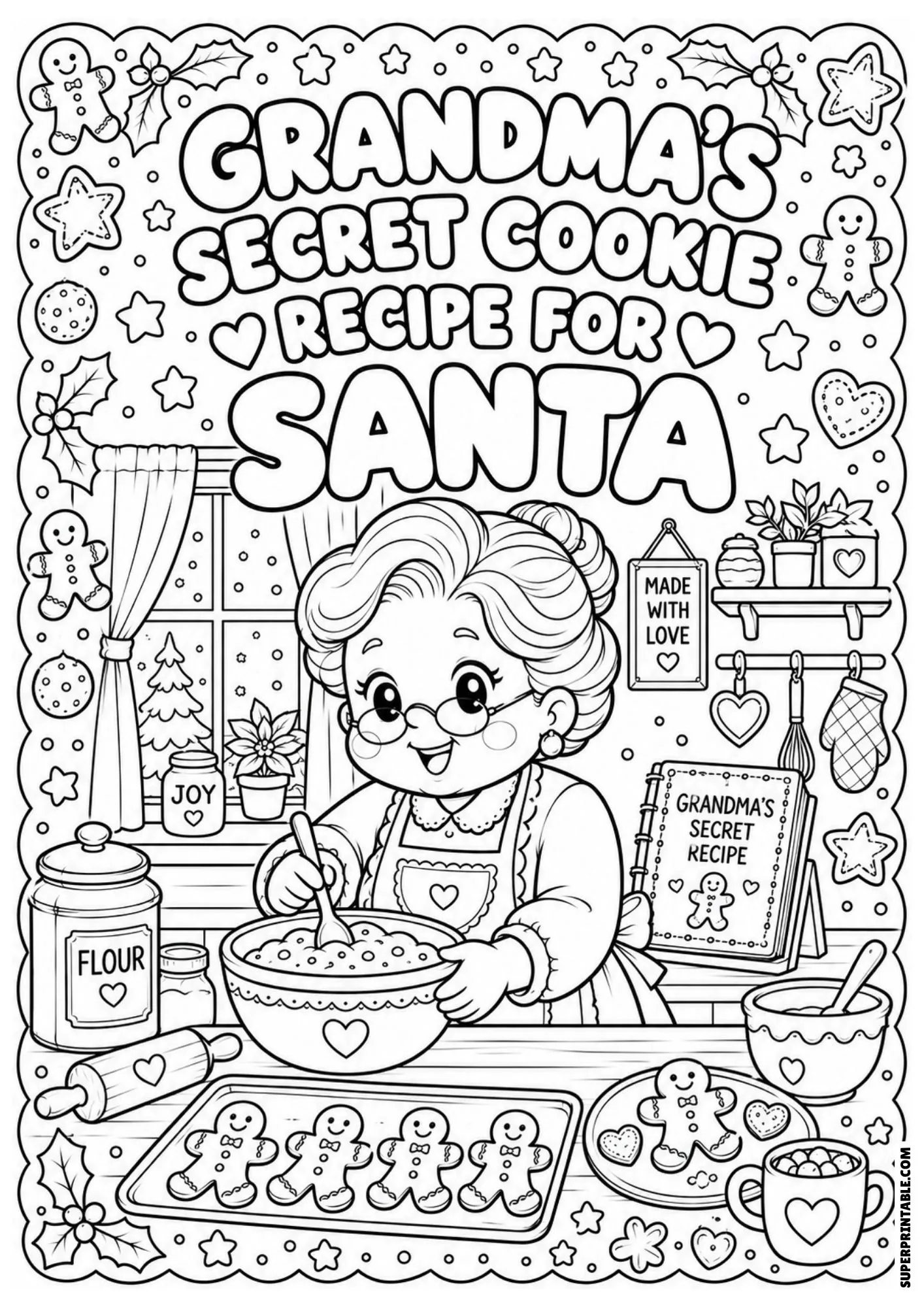 Coloring sheet of a grandmother preparing gingerbread cookies for Santa in a holiday kitchen.