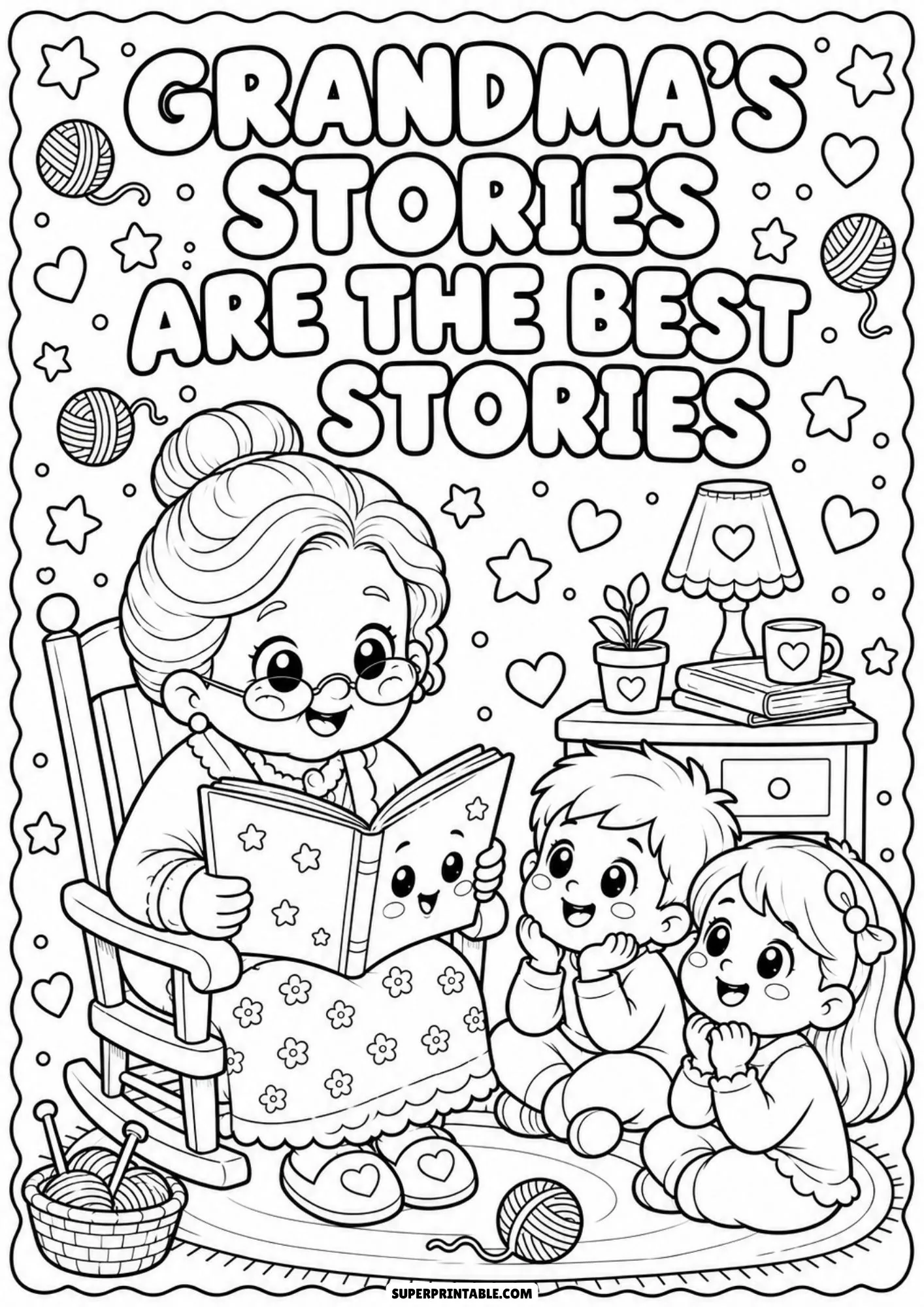 Line art of a grandmother reading a book to two children with text Grandmas Stories Are the Best Stories.