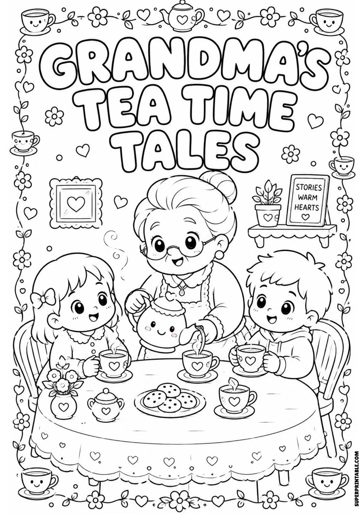 Grandma stories coloring pages printable of a grandmother hosting a tea party with cookies for two children.