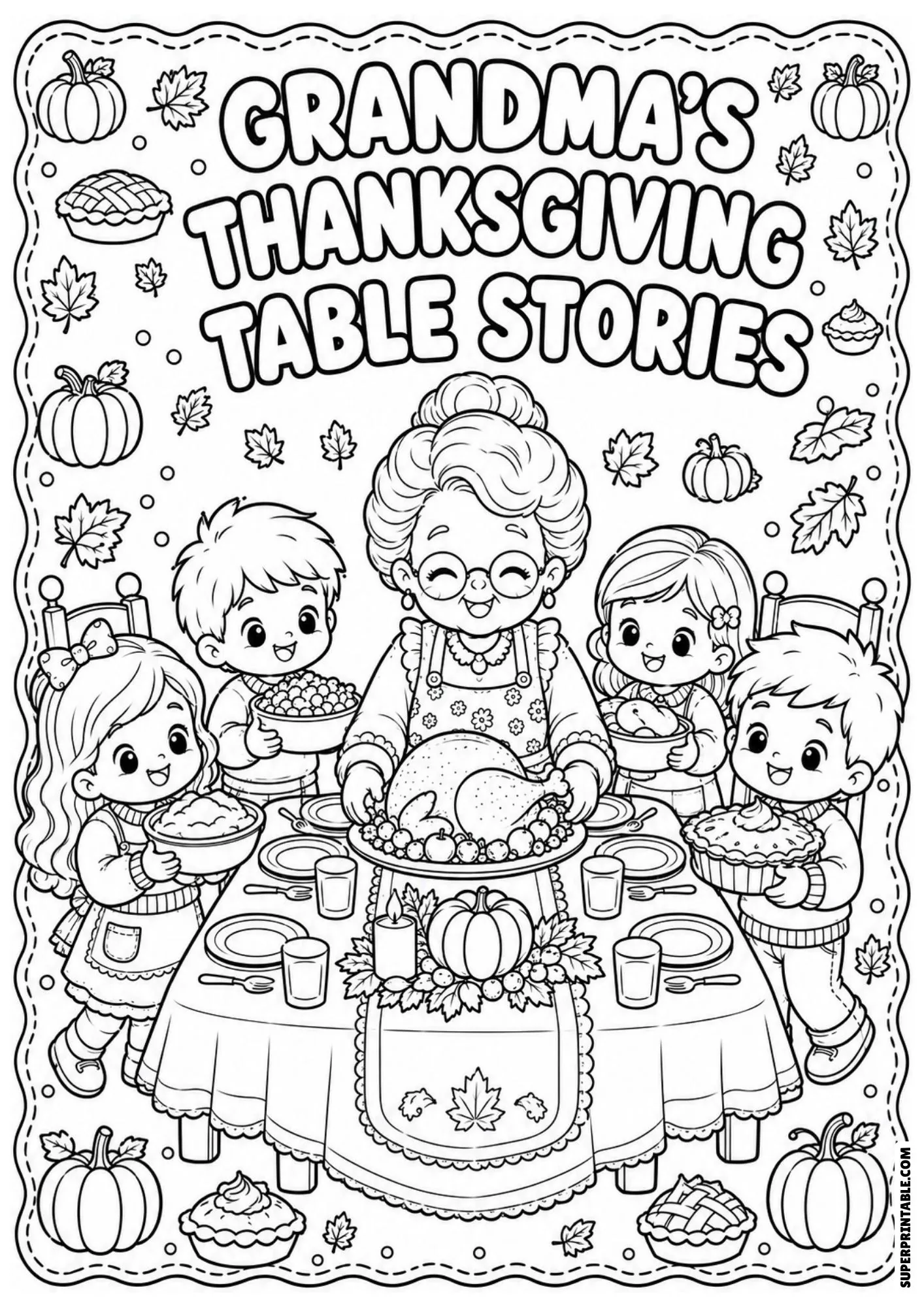 Coloring page of a grandmother serving Thanksgiving dinner to four children around a festive feast table.