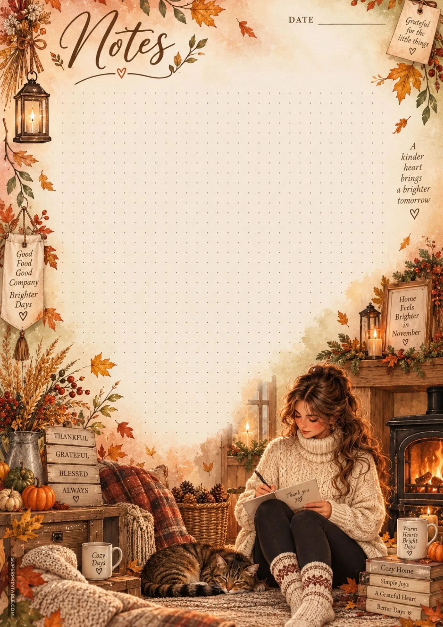 Cozy printable november notes pages with a woman writing in a journal by a wood stove next to her sleeping cat.