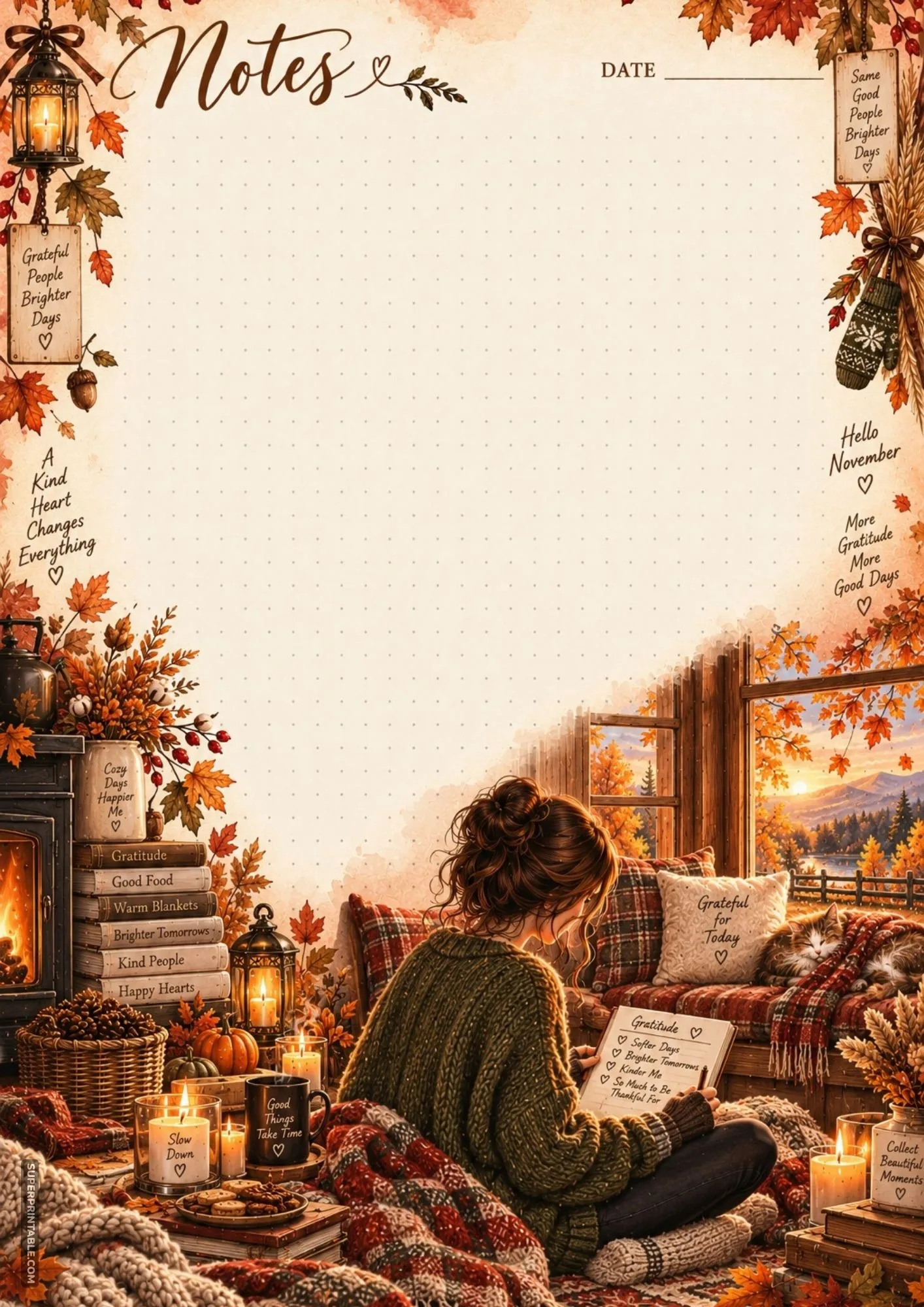 Fall dot grid note sheet with a woman writing bullet points in her gratitude journal beside candles and tea.