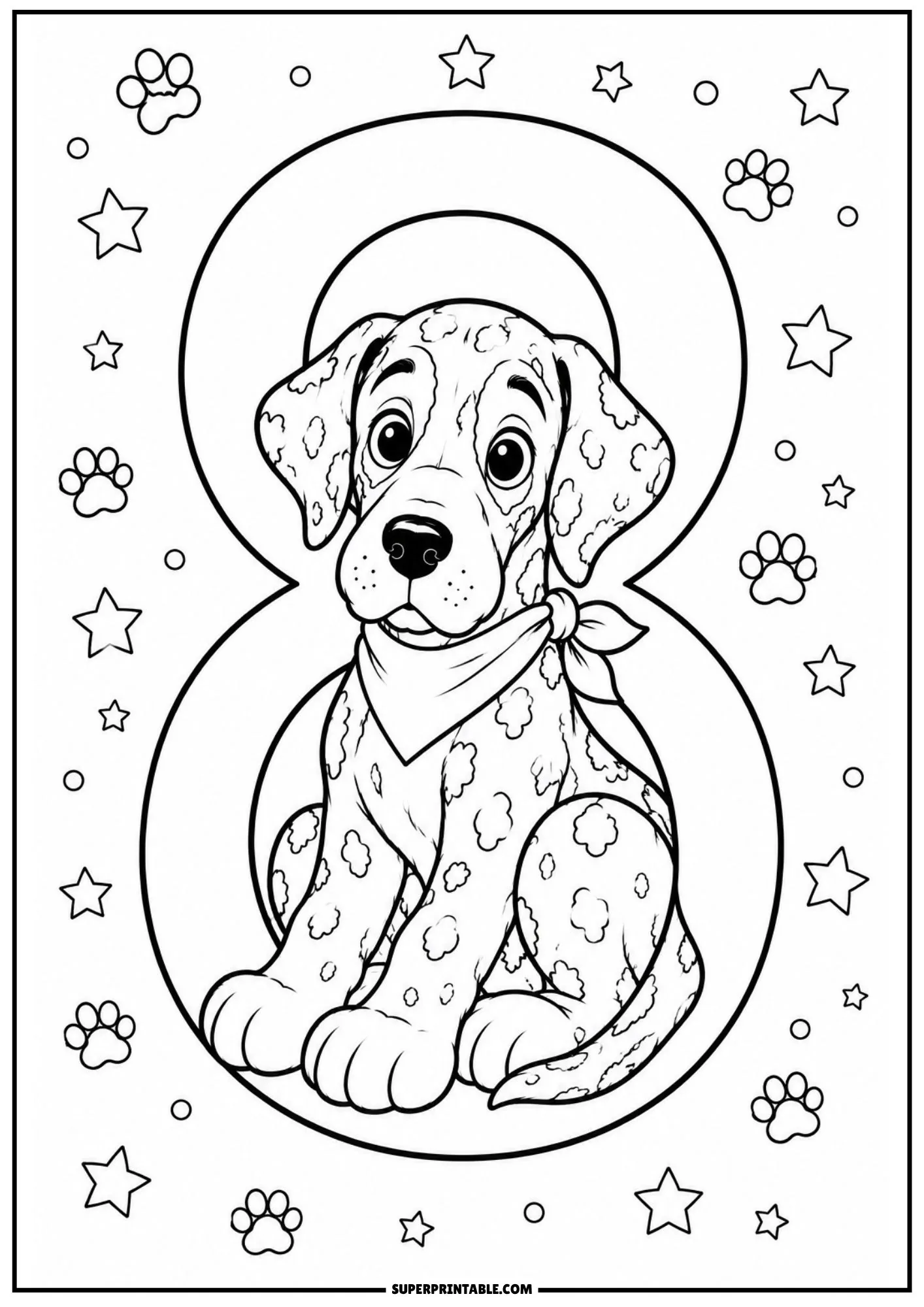 Spotted Great Dane puppy sitting happily inside the bottom loop of number eight.