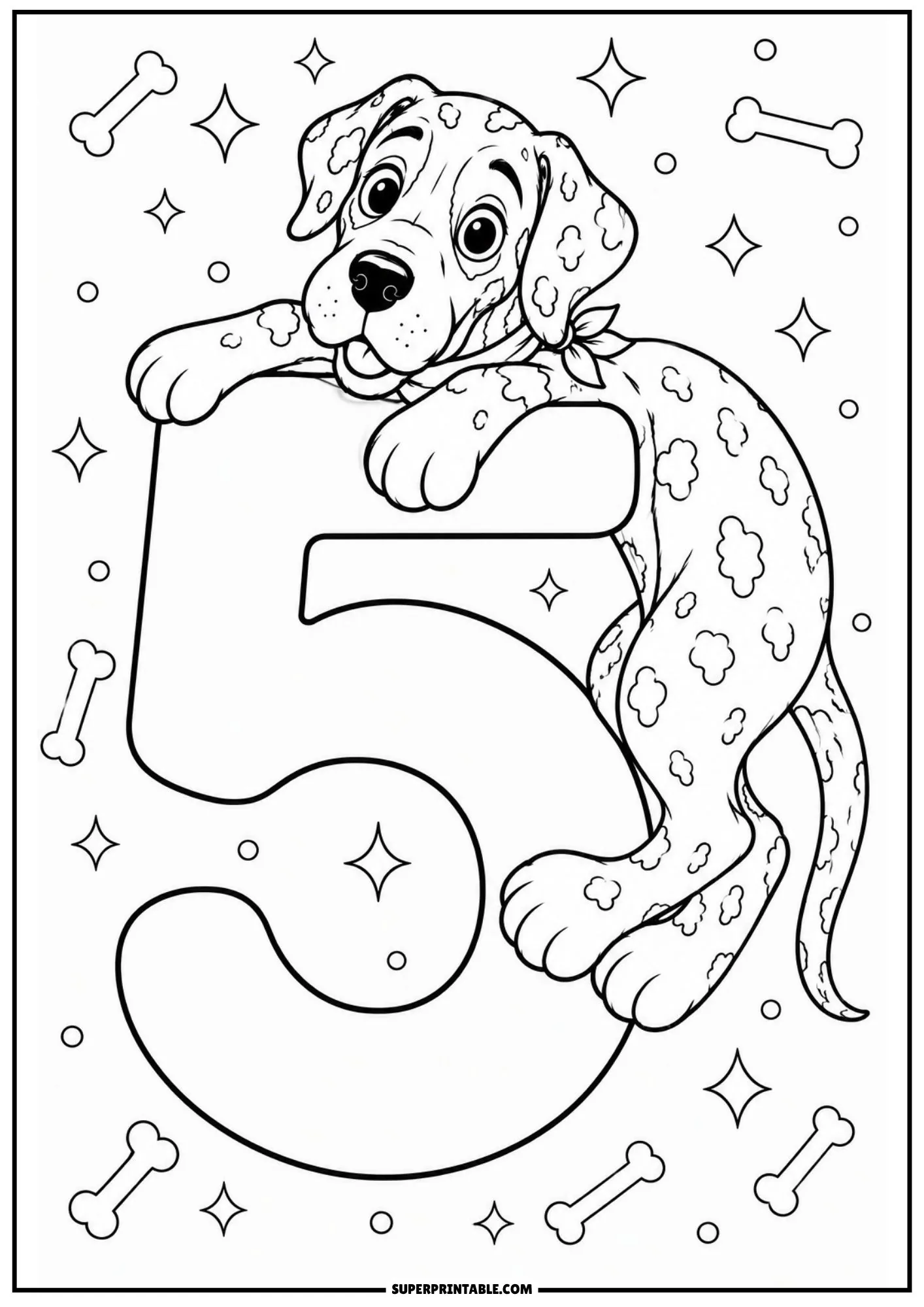 Happy spotted Great Dane puppy draped over the curve of a big number five.