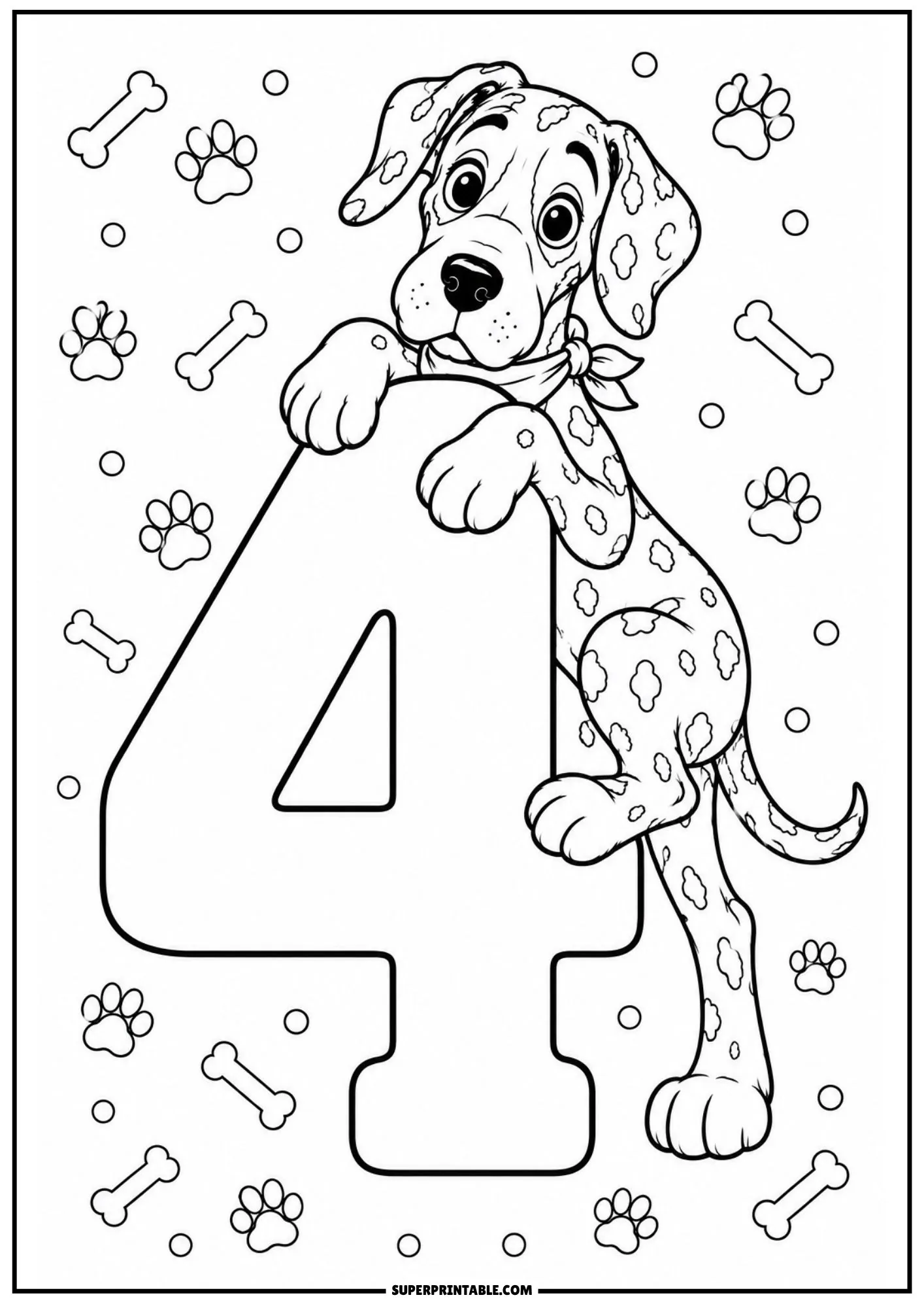 Playful spotted Great Dane hugging the side of a bold number four line art.