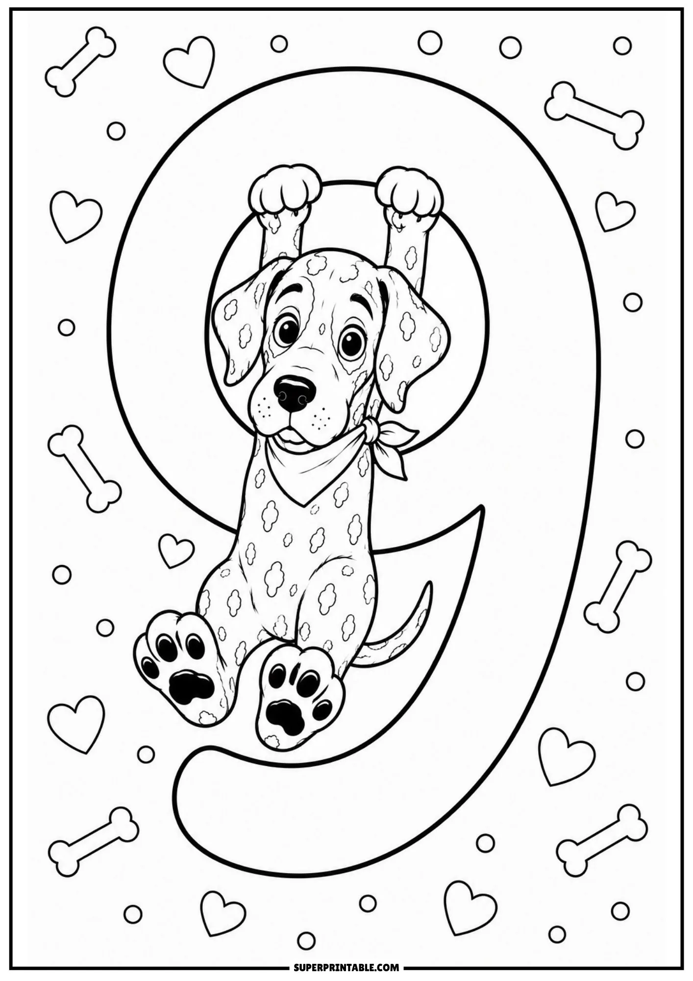 Cute spotted Great Dane puppy hanging joyfully from a big number nine outline.
