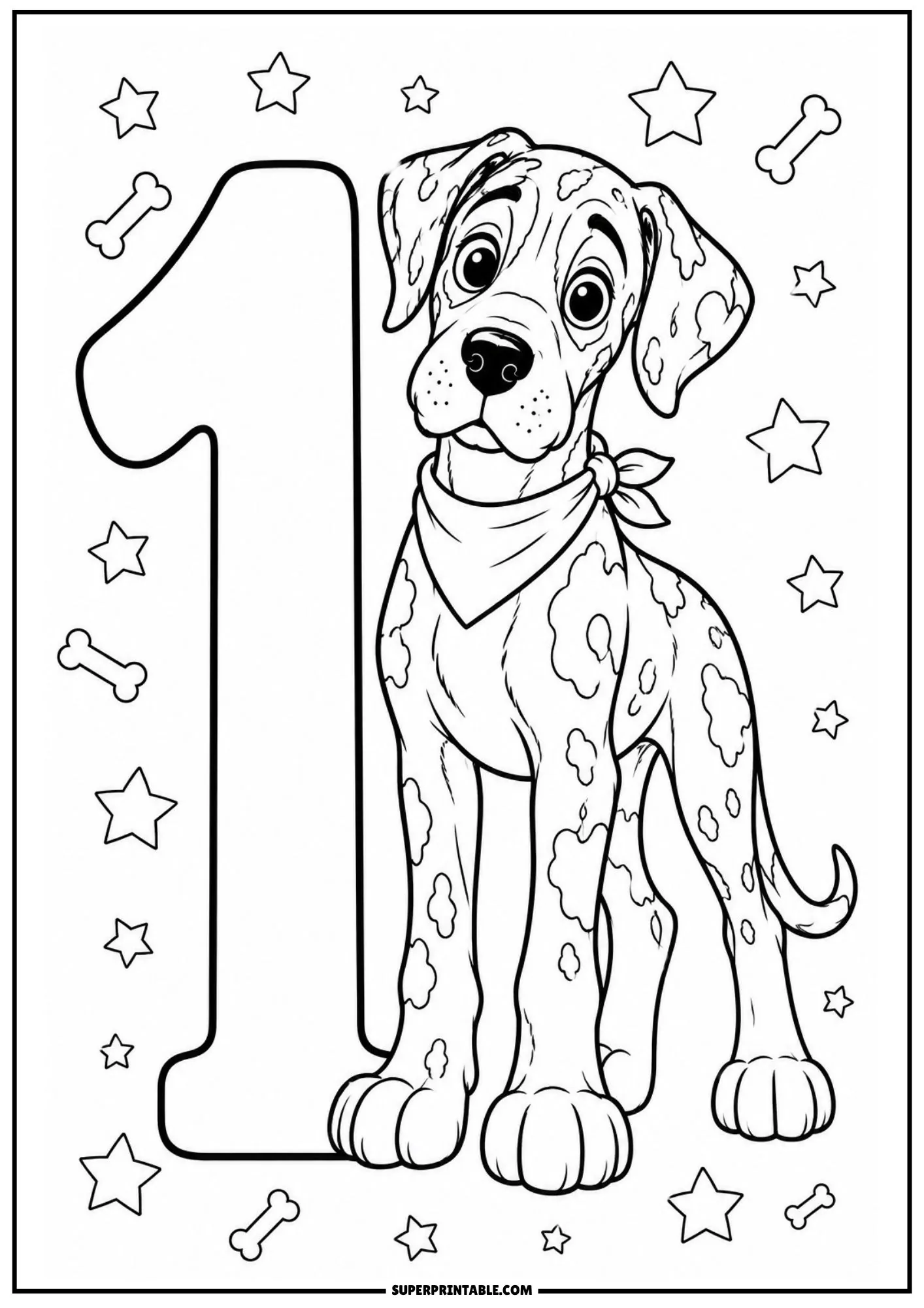 Tall spotted Great Dane standing beside number one in great dane numbers coloring pages.