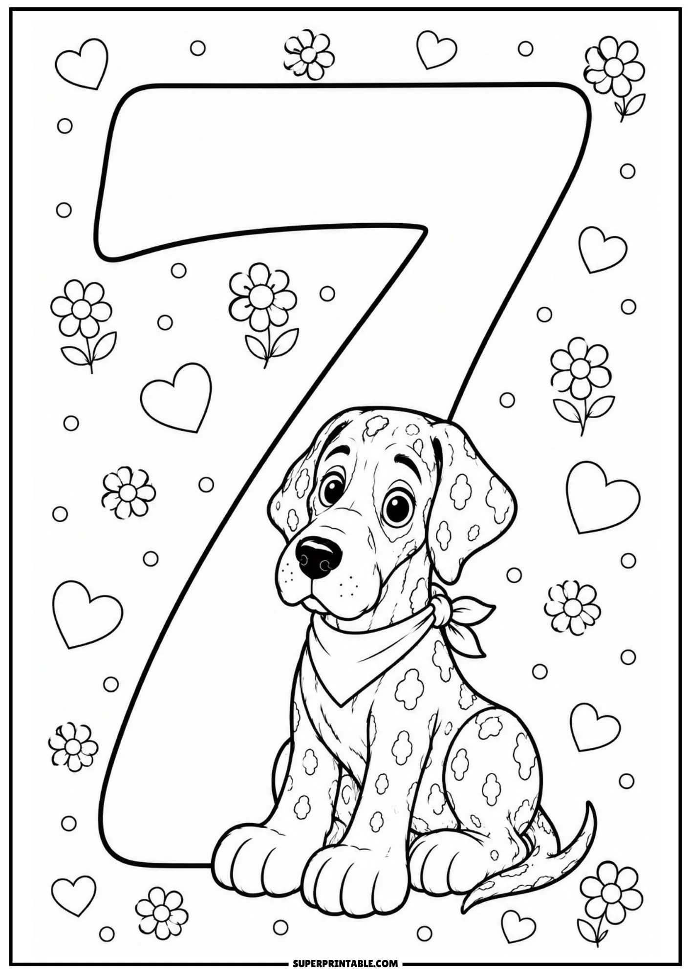 Cute spotted Great Dane sitting quietly next to a floral number seven outline.
