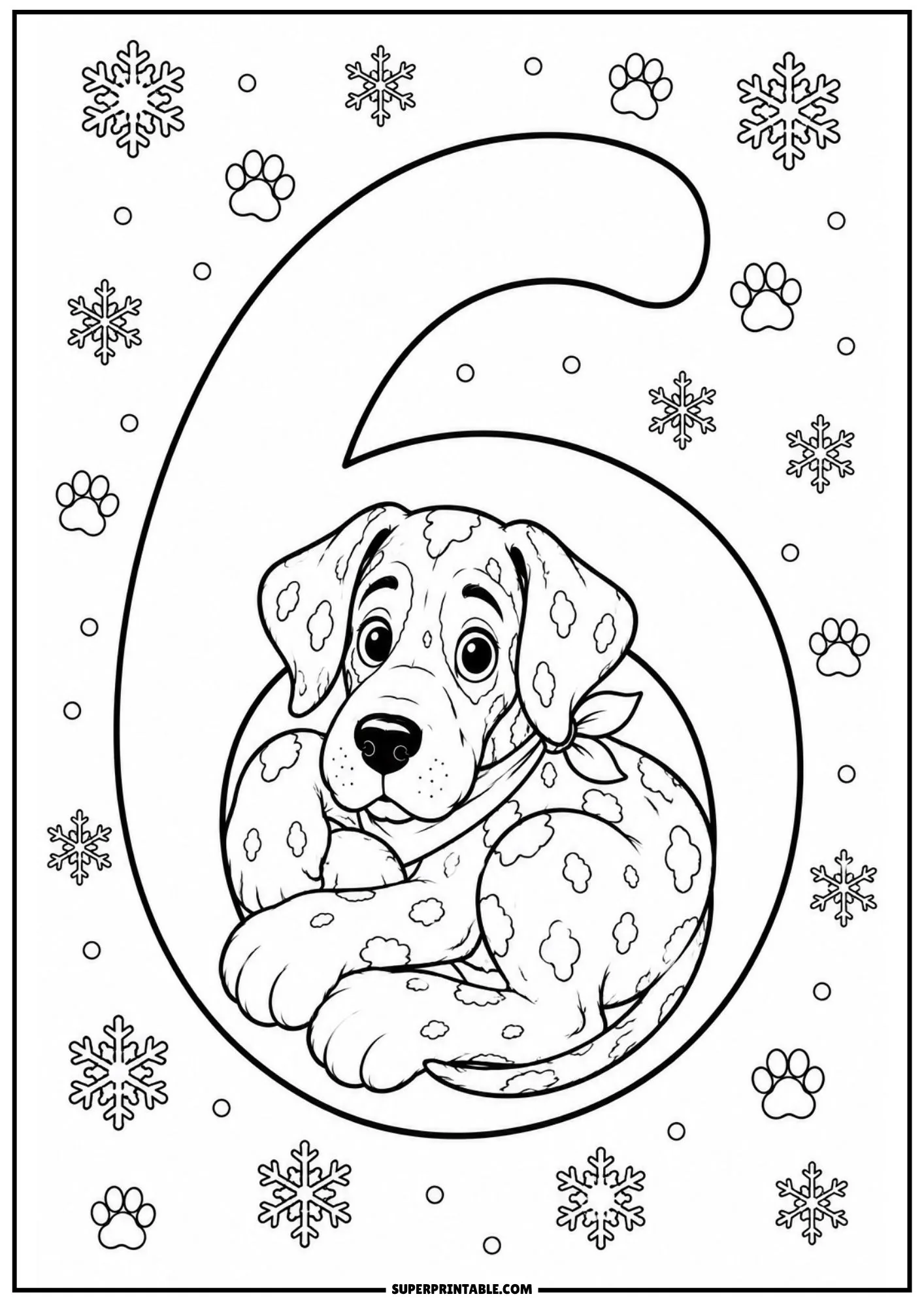 Adorable spotted Great Dane curled up tightly inside a large number six.