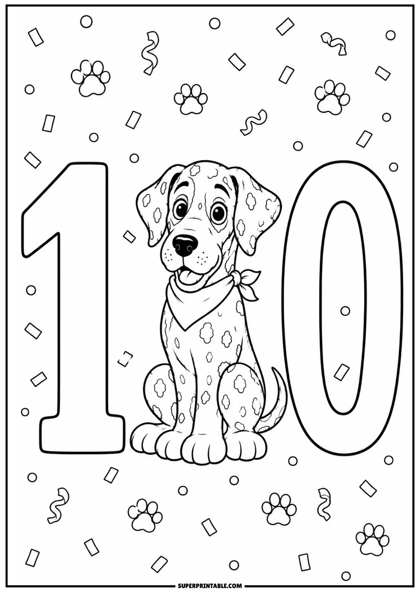 Playful spotted Great Dane sitting between numbers one and zero with confetti.