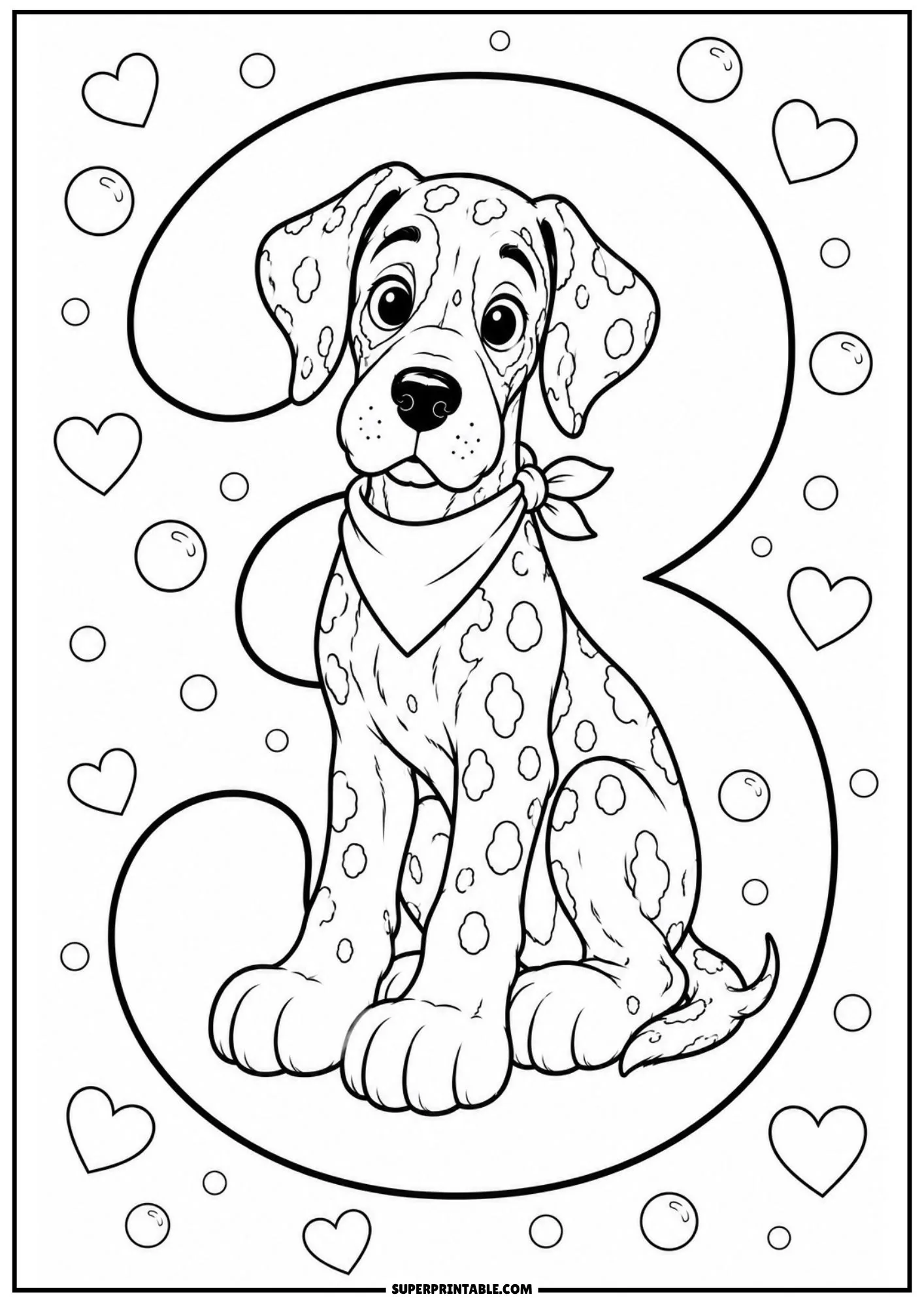 Spotted Great Dane puppy sitting nicely inside a decorative number three frame.