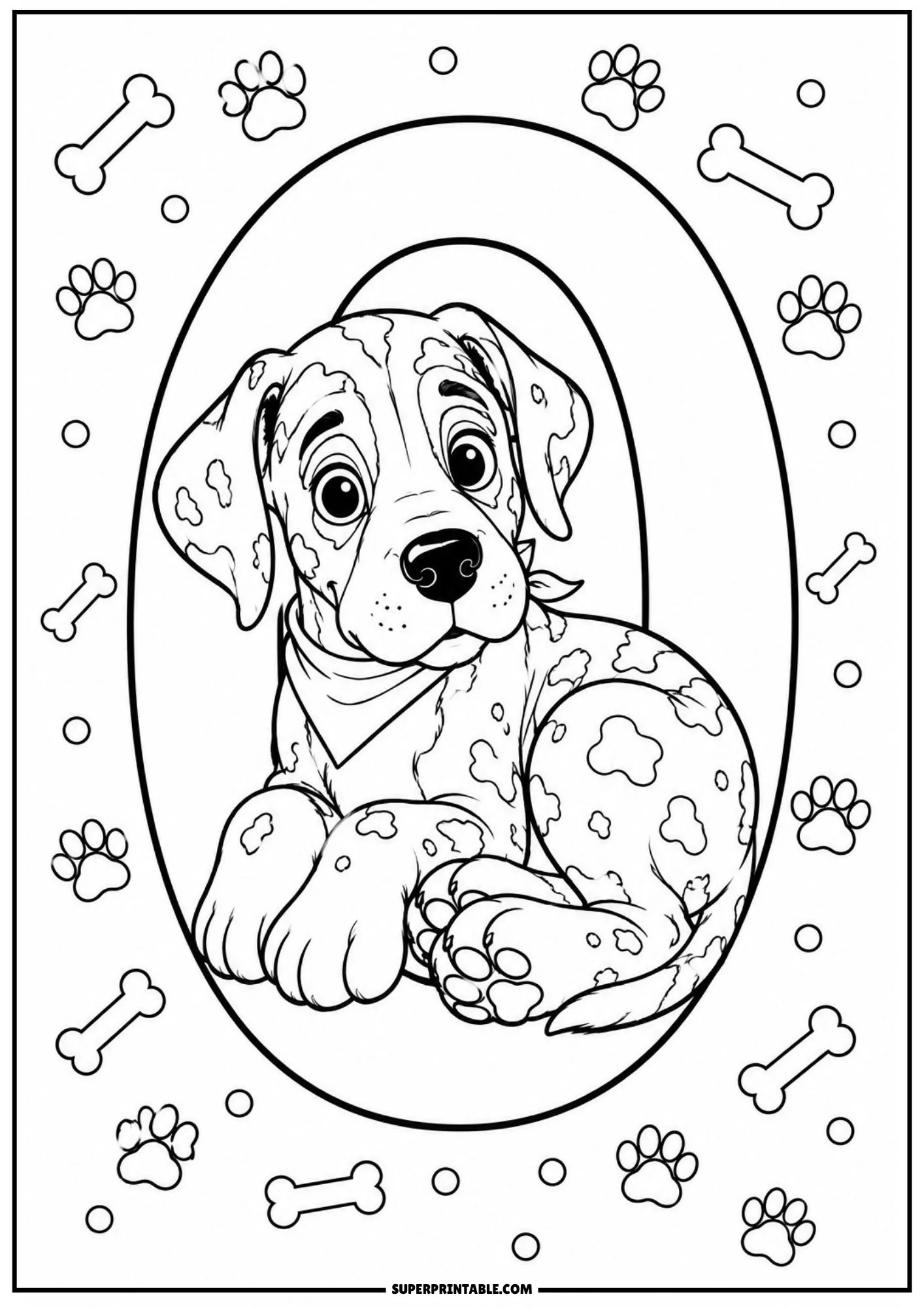 Spotted Great Dane puppy inside number zero in great dane numbers coloring pages.