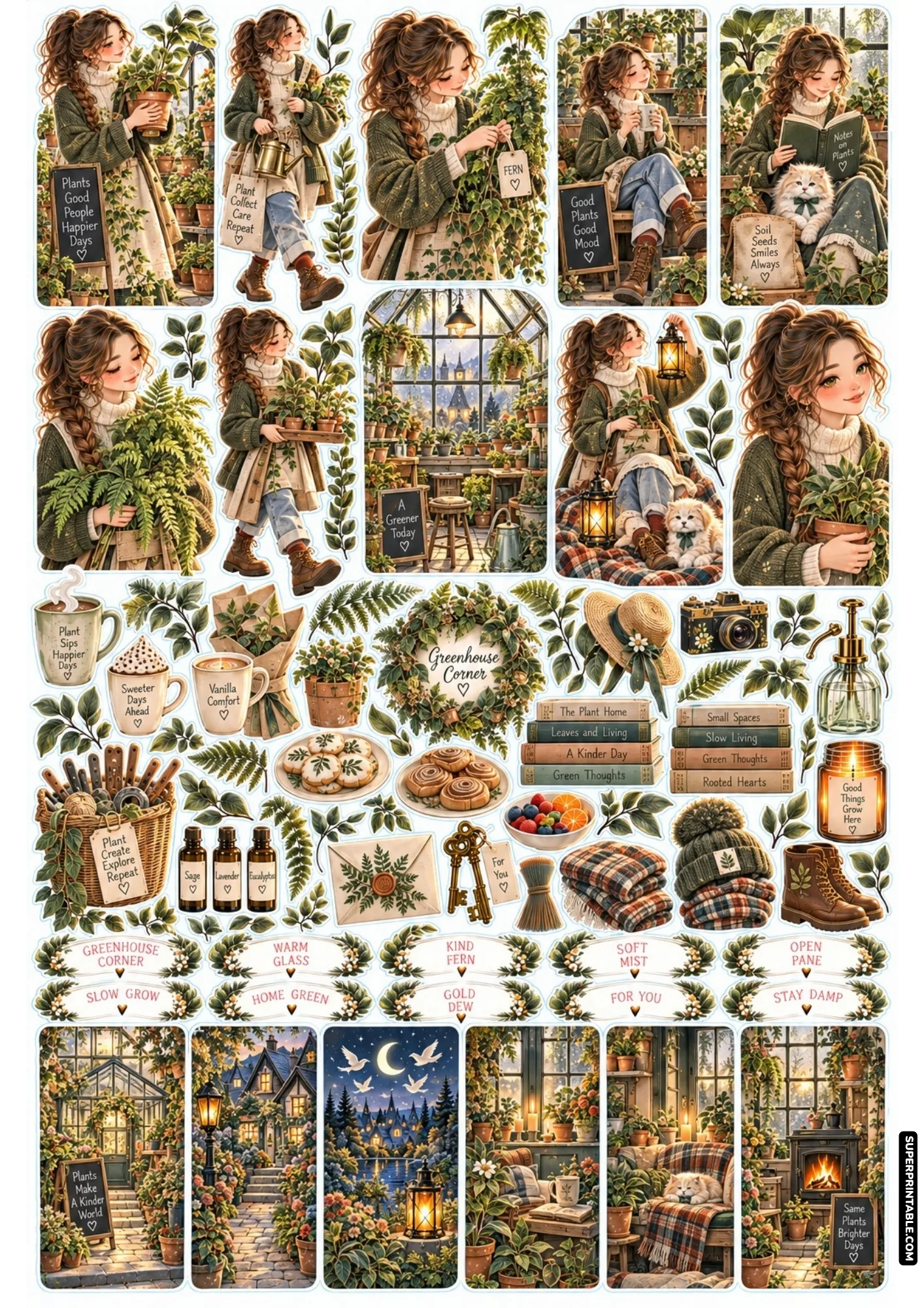 Housewarming sticker sheets with cozy greenhouse plant care illustrations and warm garden labels