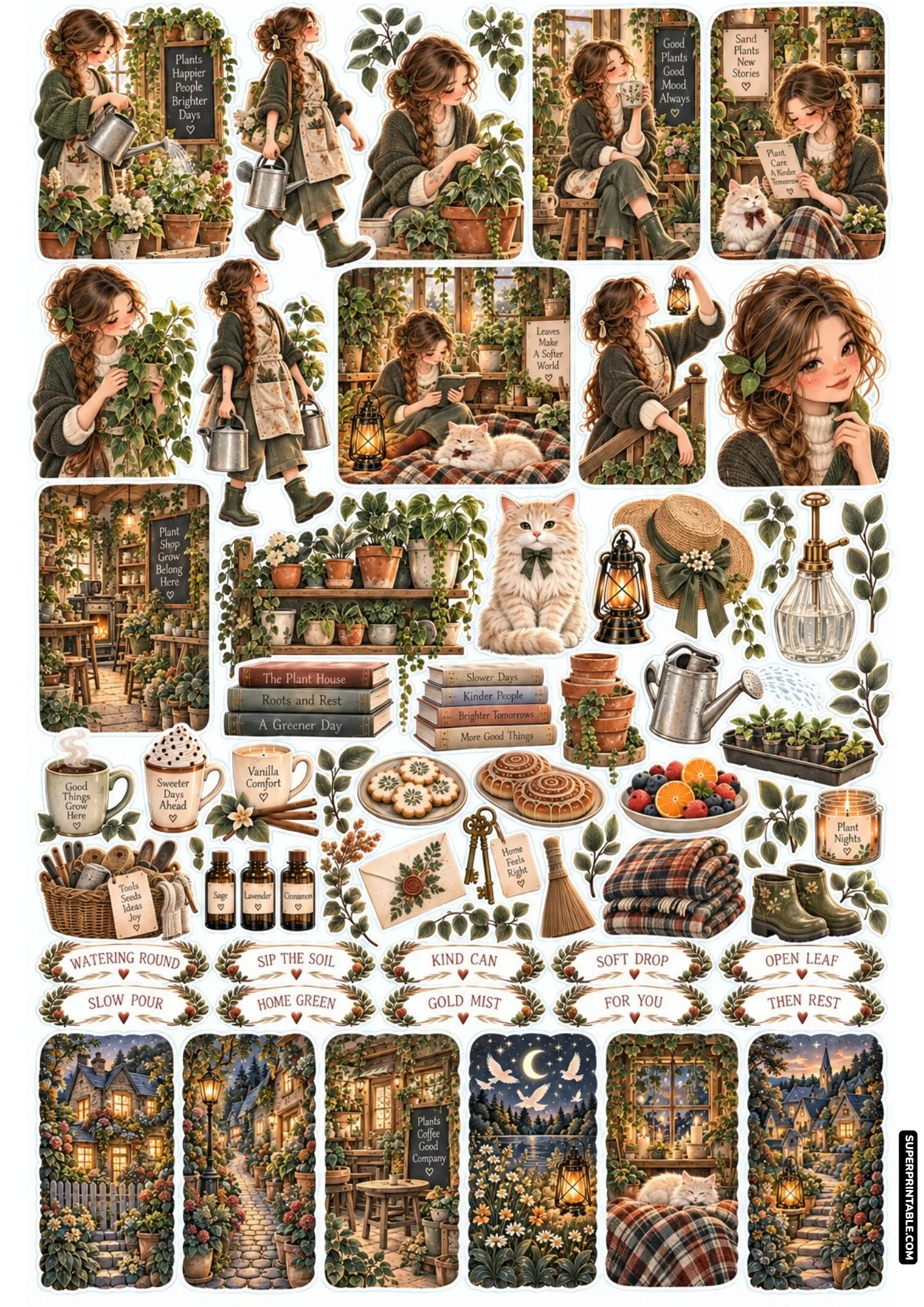 Botanical sticker sheet illustrating greenhouse potting, watering foliage, terracotta planters, and cozy indoor plants.