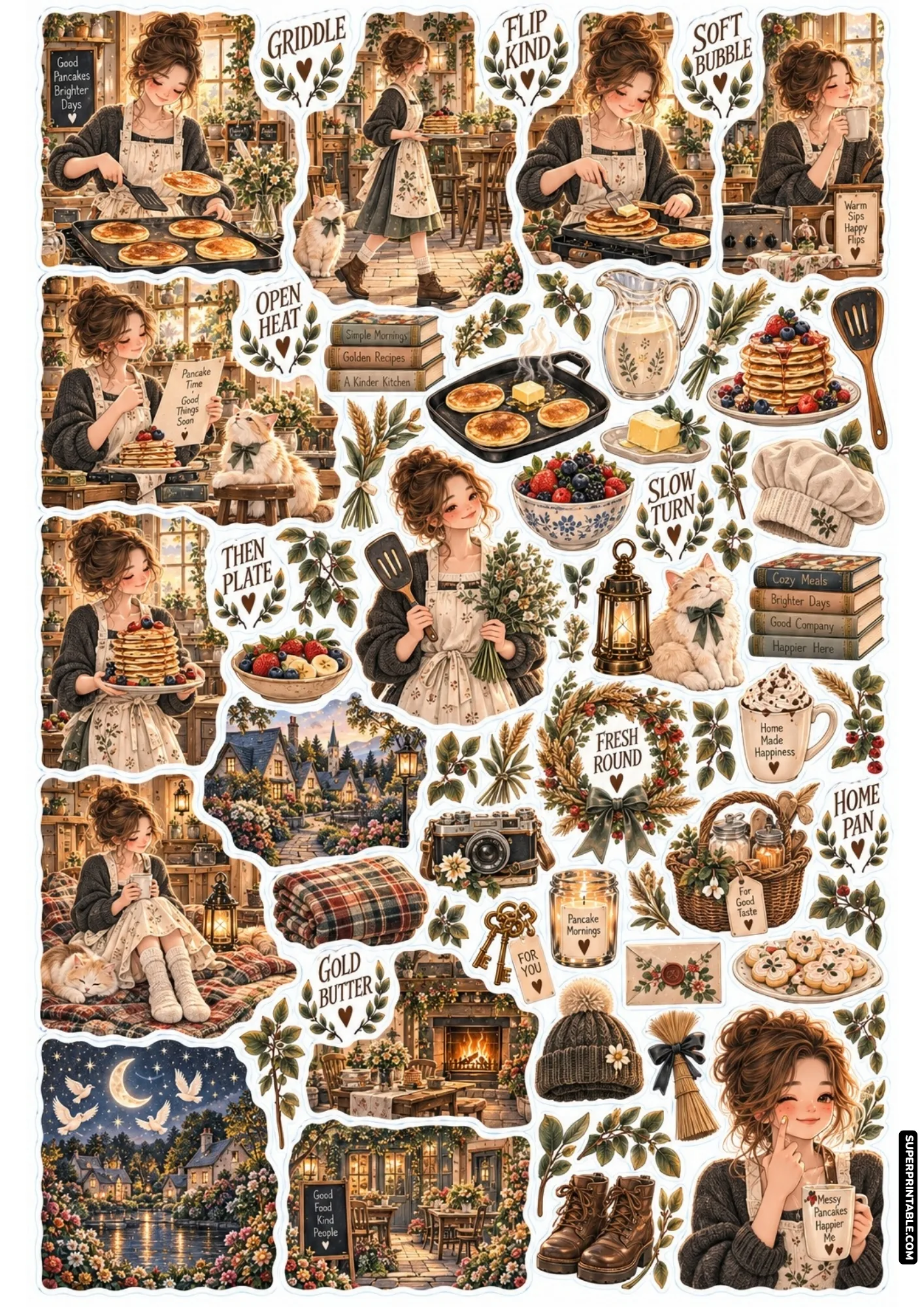 Sticker sheet illustrating golden pancakes sizzling on a griddle with spatulas and berry toppings