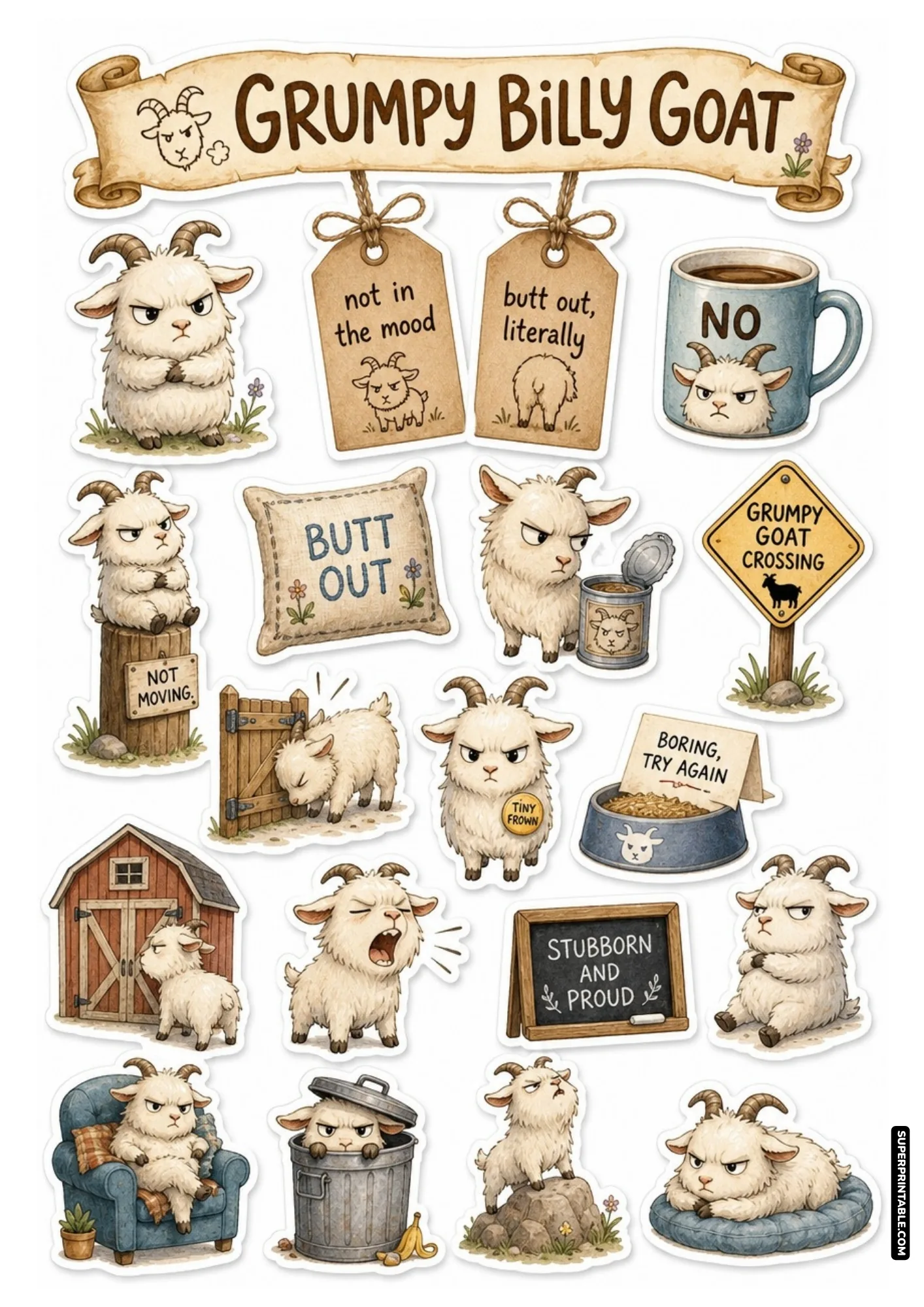 Stubborn grumpy billy goat sticker sheet featuring fluffy horned farm goats, headbutting attitudes, and funny quotes