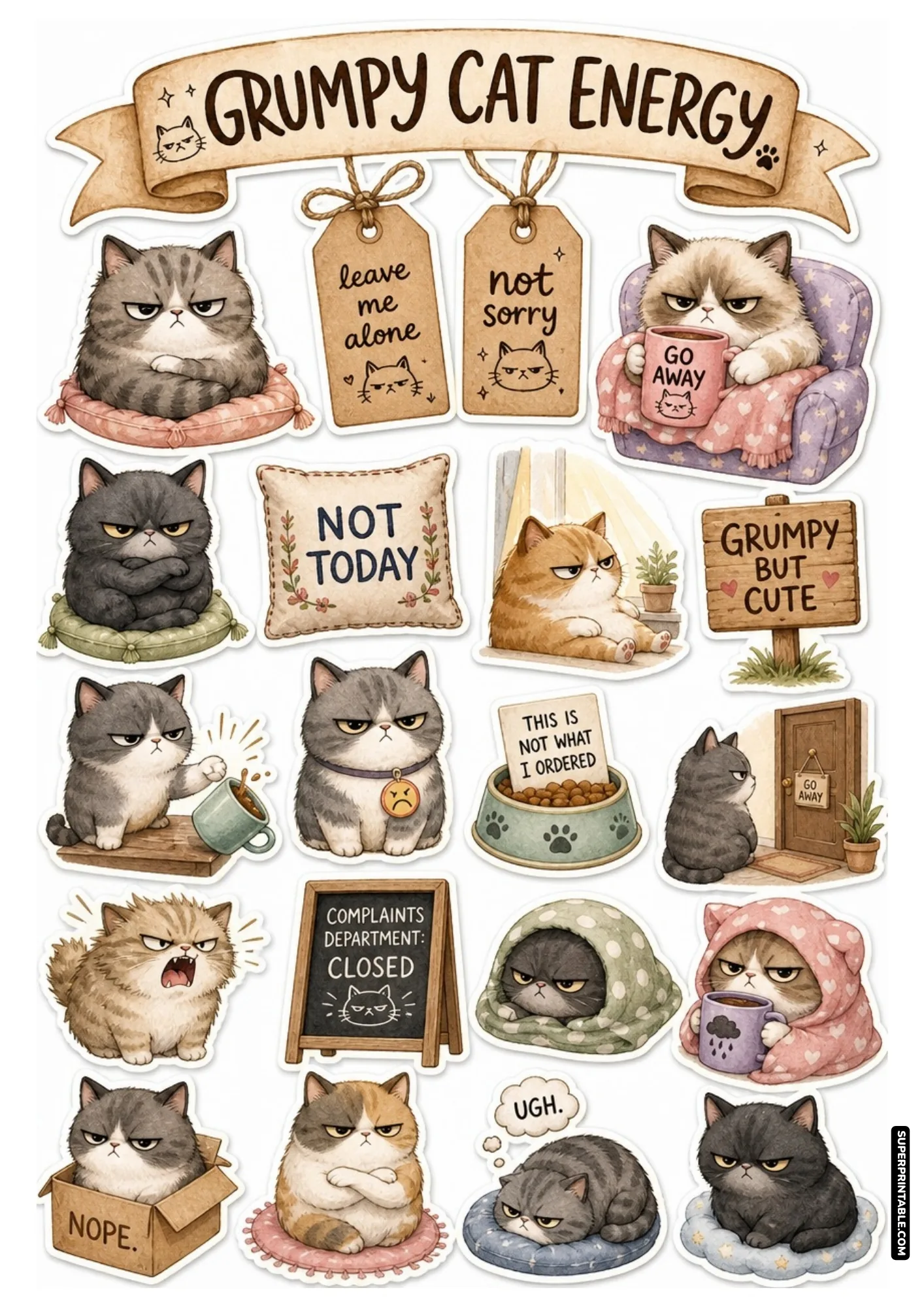 Grumpy animals sticker sheets collection page with grumpy cats, funny knocked coffee cups, and sassy feline moods