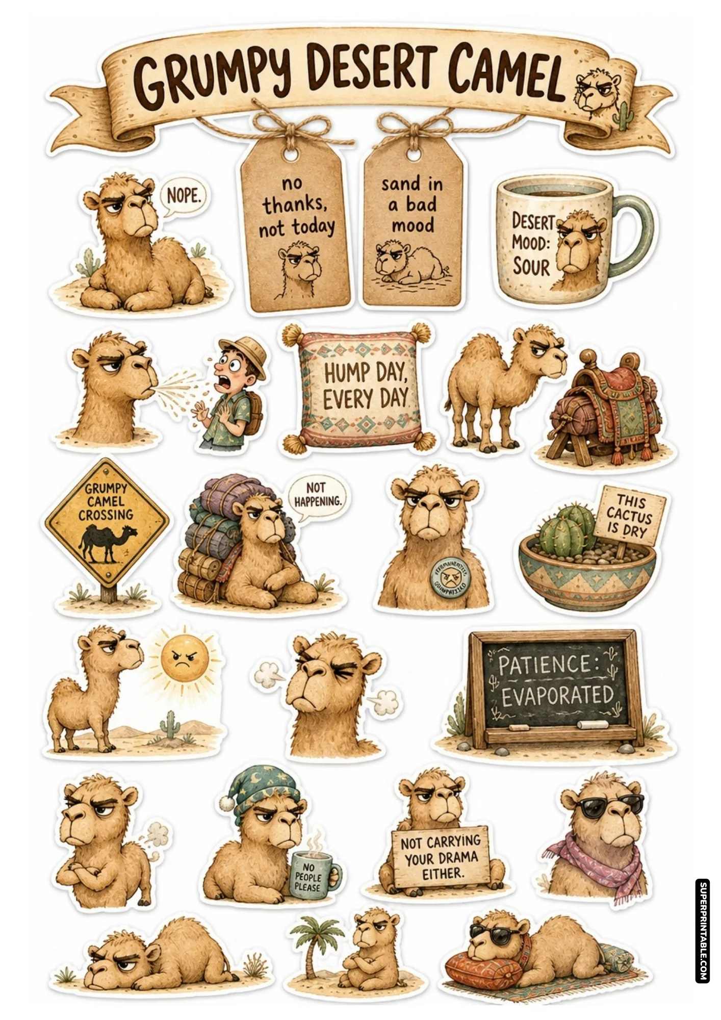 Grumpy desert camel sticker sheet featuring funny spitting camels, dry humor sayings, and sunny desert vibes