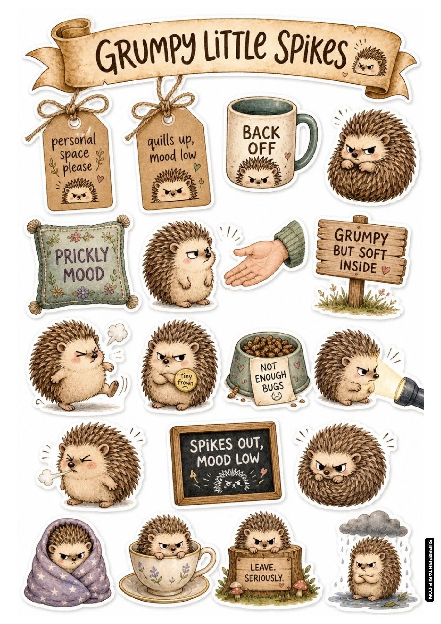 Prickly grumpy hedgehog sticker sheet with funny antisocial quips, curled quills, and cozy introverted designs
