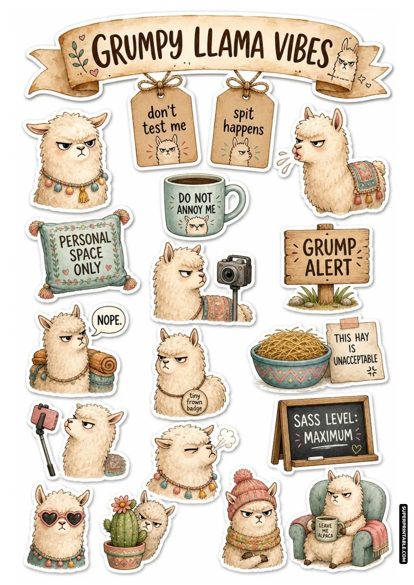 Grumpy llama vibes sticker sheet featuring sassy spitting alpacas, funny antisocial captions, and cute Peruvian pom-poms