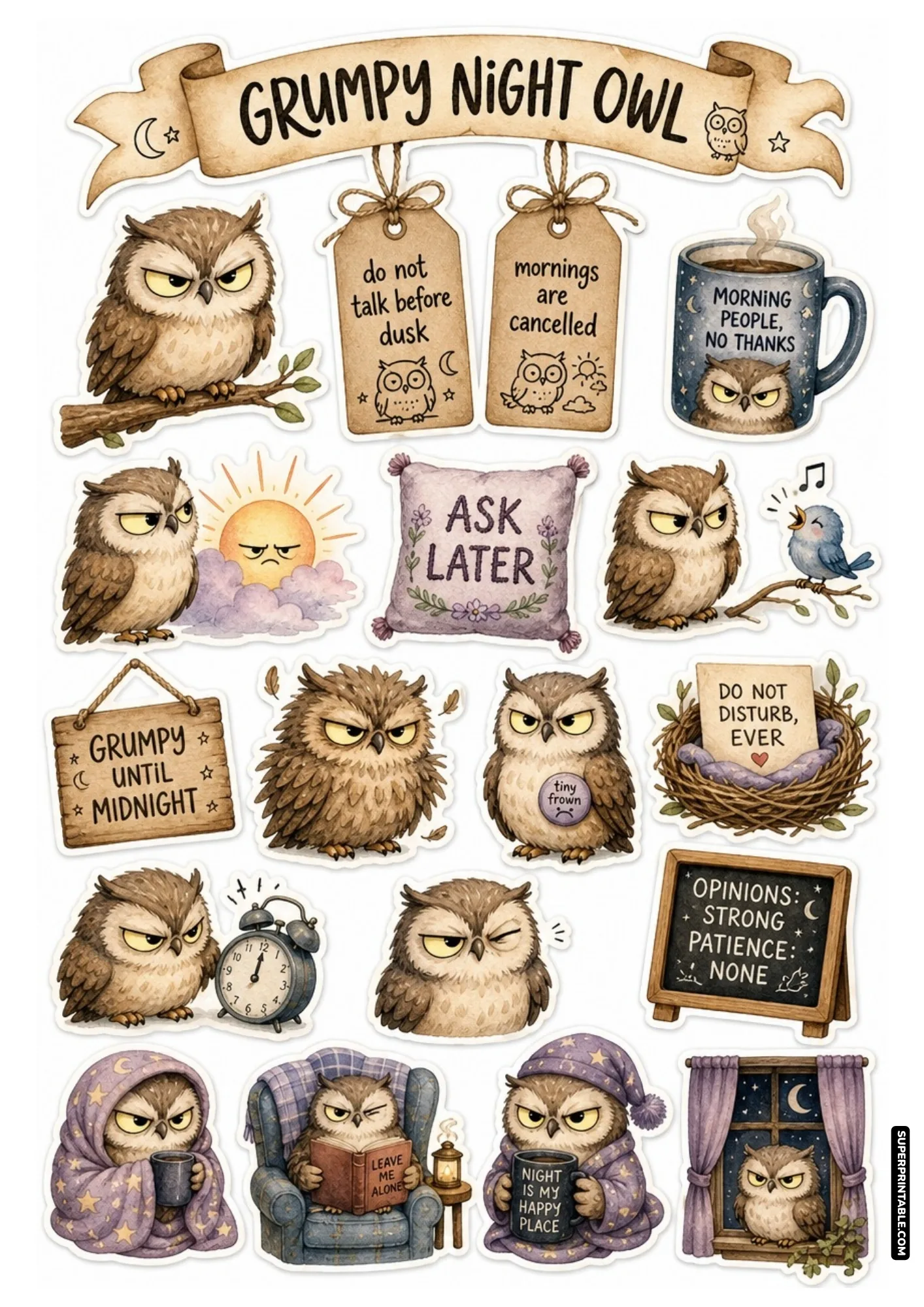 Grumpy night owl sticker sheet with humorous antisocial quotes, morning aversion sayings, and cozy bedtime cutouts