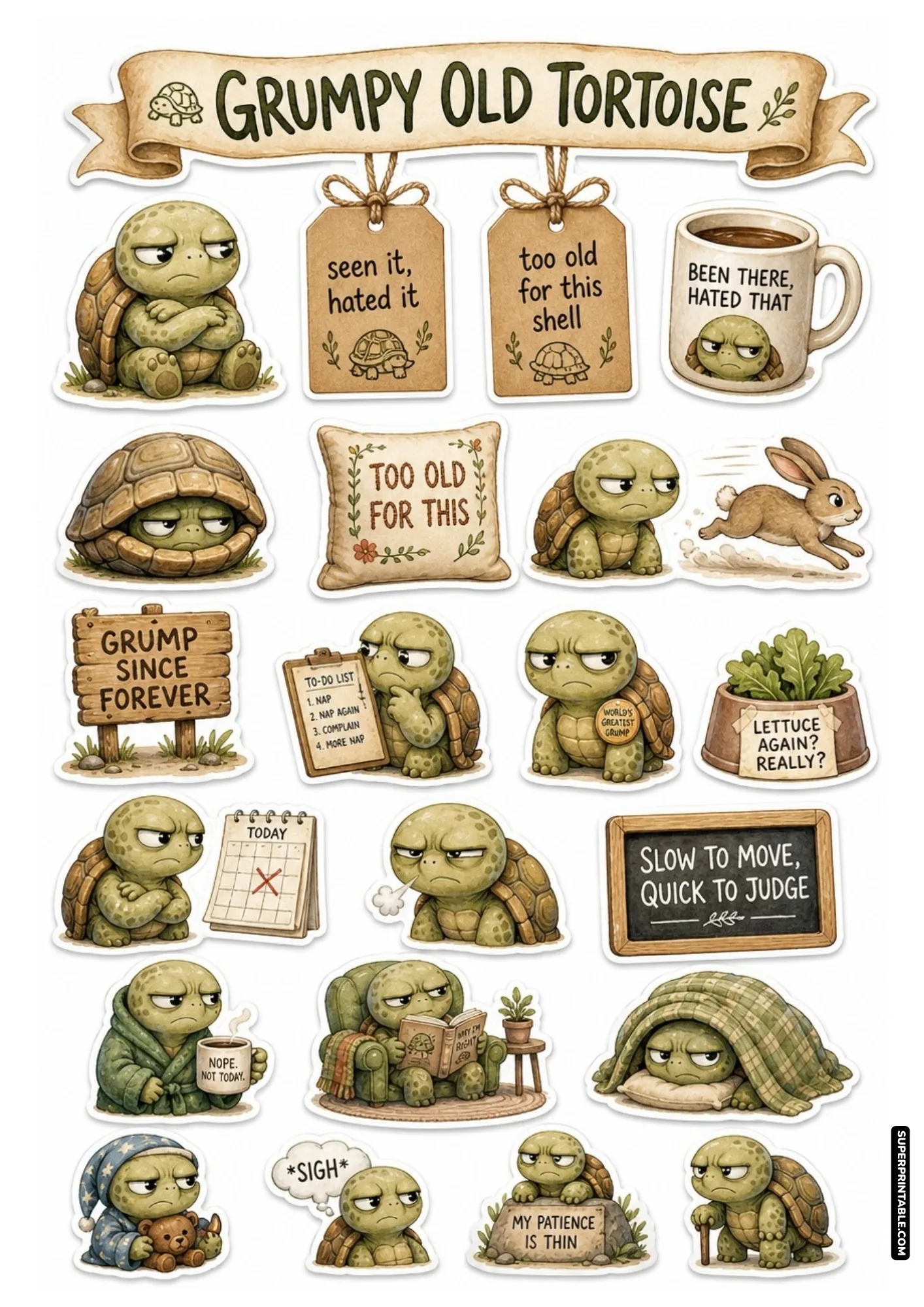 Grumpy old tortoise sticker sheet with slow-moving judgmental turtles, witty retirement jokes, and cozy nap themes