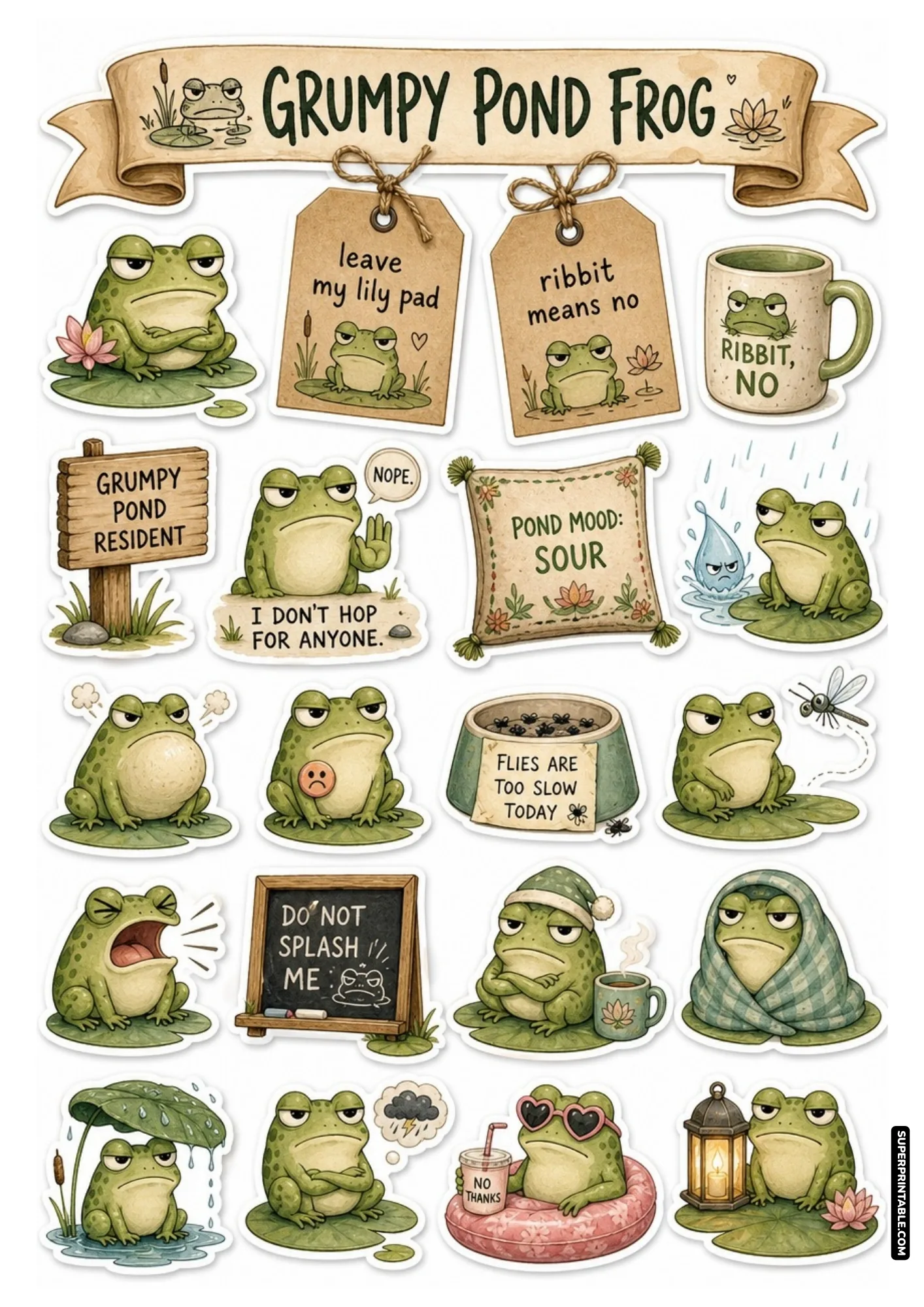 Grumpy pond frog sticker sheet with funny stubborn amphibians, lily pads, sour expressions, and sassy quotes