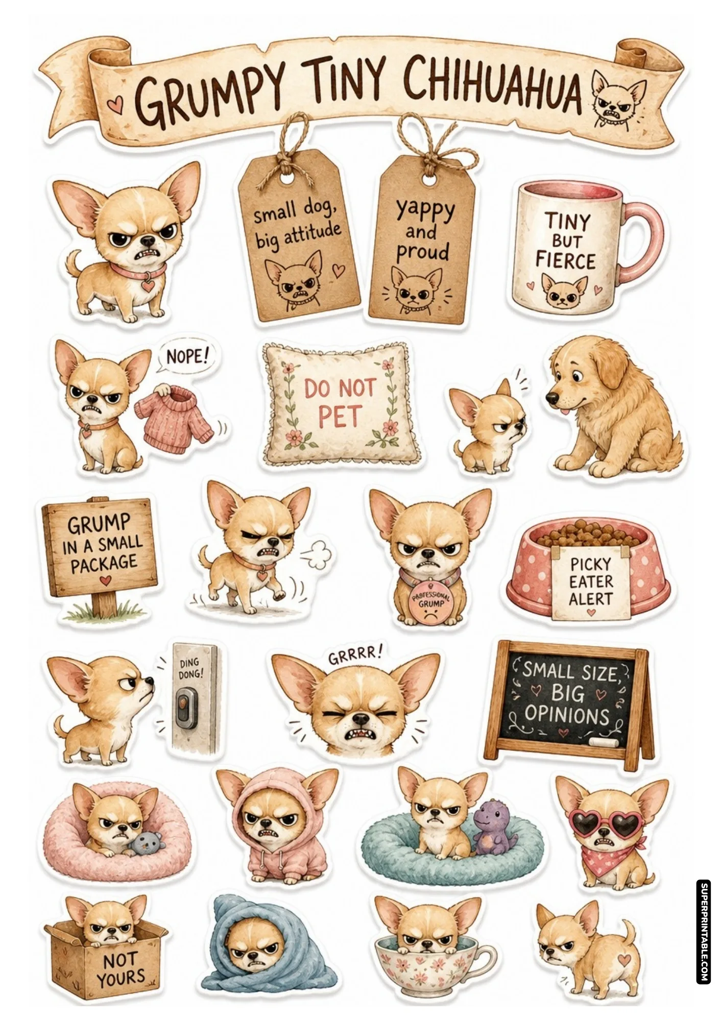 Grumpy animals sticker sheets printable featuring irritated tan chihuahua cutouts and sassy funny quote tags
