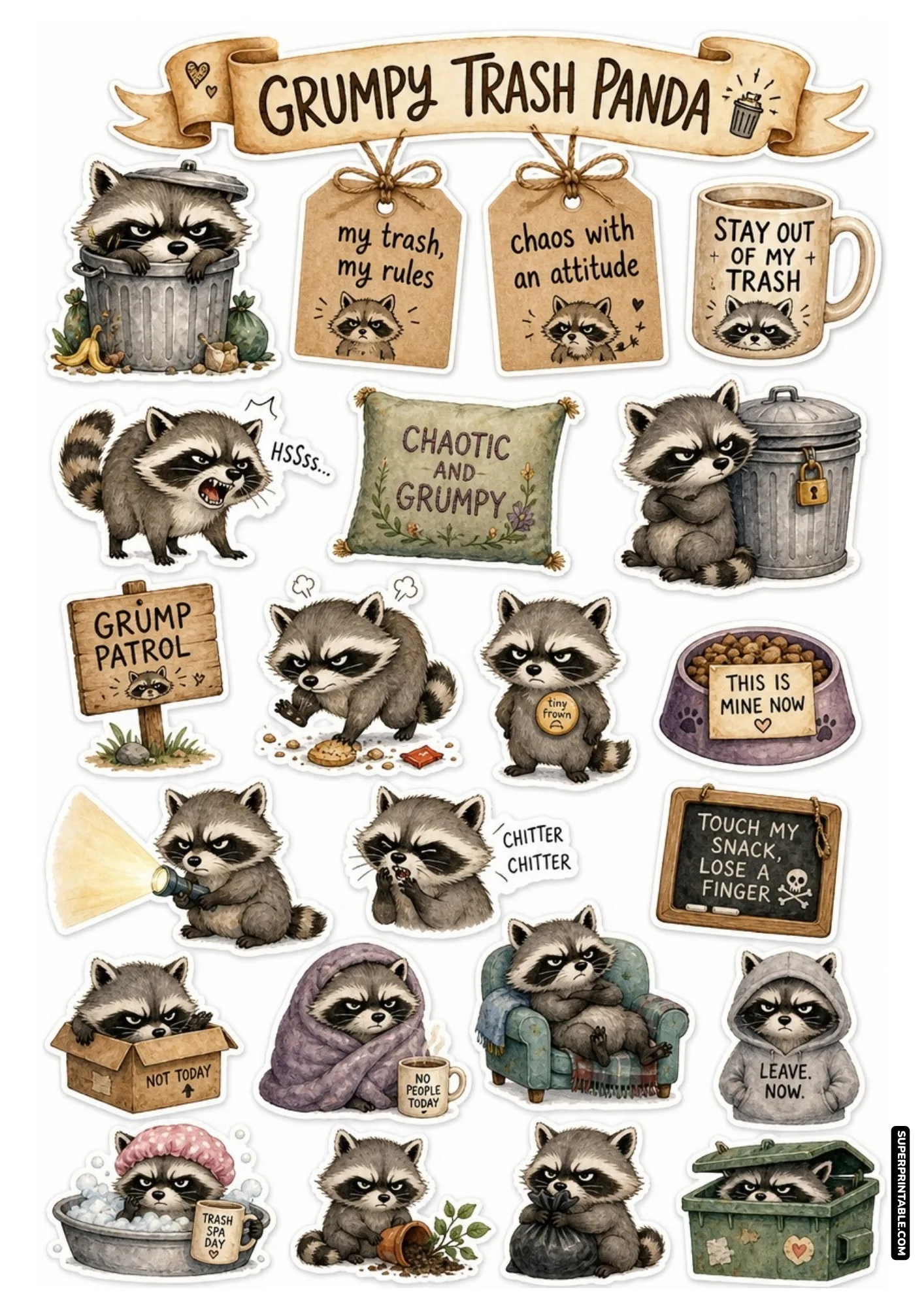 Mischievous grumpy trash panda raccoon sticker sheet featuring funny garbage antics, bandit masks, and sassy captions